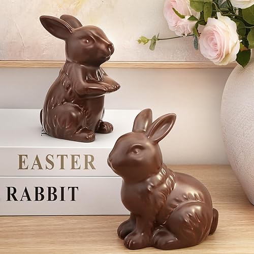 Easter Decorations - Set of 2 Ceramic Easter Bunny Figurines, Modern Easter Decorations for Home, Elegant Bunny Table Centerpiece Decor for Mantel, Shelf, Spring Home Decor