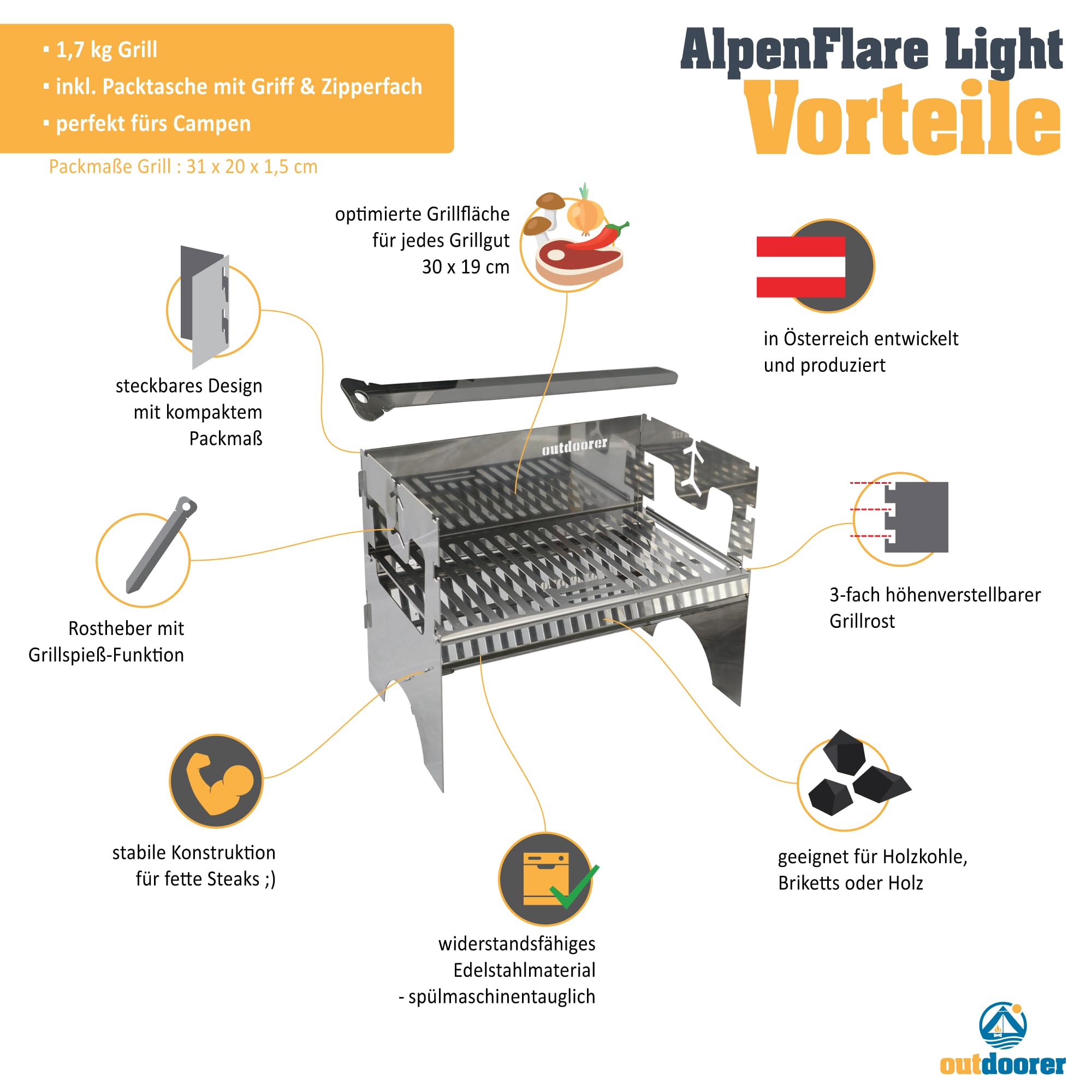 outdoorer AlpenFlare Light Grill – mobilny, składany grill ze stali nierdzewnej na węgiel drzewny z Austrii, grill kempingowy do trekkingu, ogrodu, na festiwale, Vanlife, BBQ i nad jeziorem
