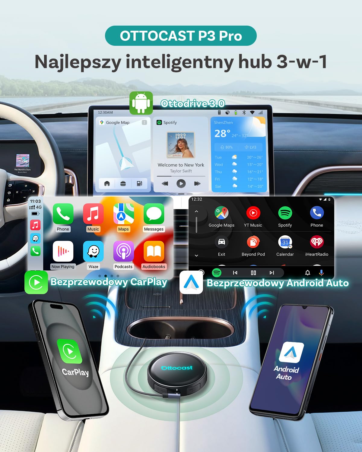 (2026 Nowy) OTTOCAST P3 Pro CarPlay AI Box, 3-w-1 Wireless Adapter CarPlay & Android Auto z Wyjściem HDMI, 8GB+128GB, Podział Ekranu, Aplikacje do pobrania, Aktualizacja OTA dla aut CP/AA przewodowych