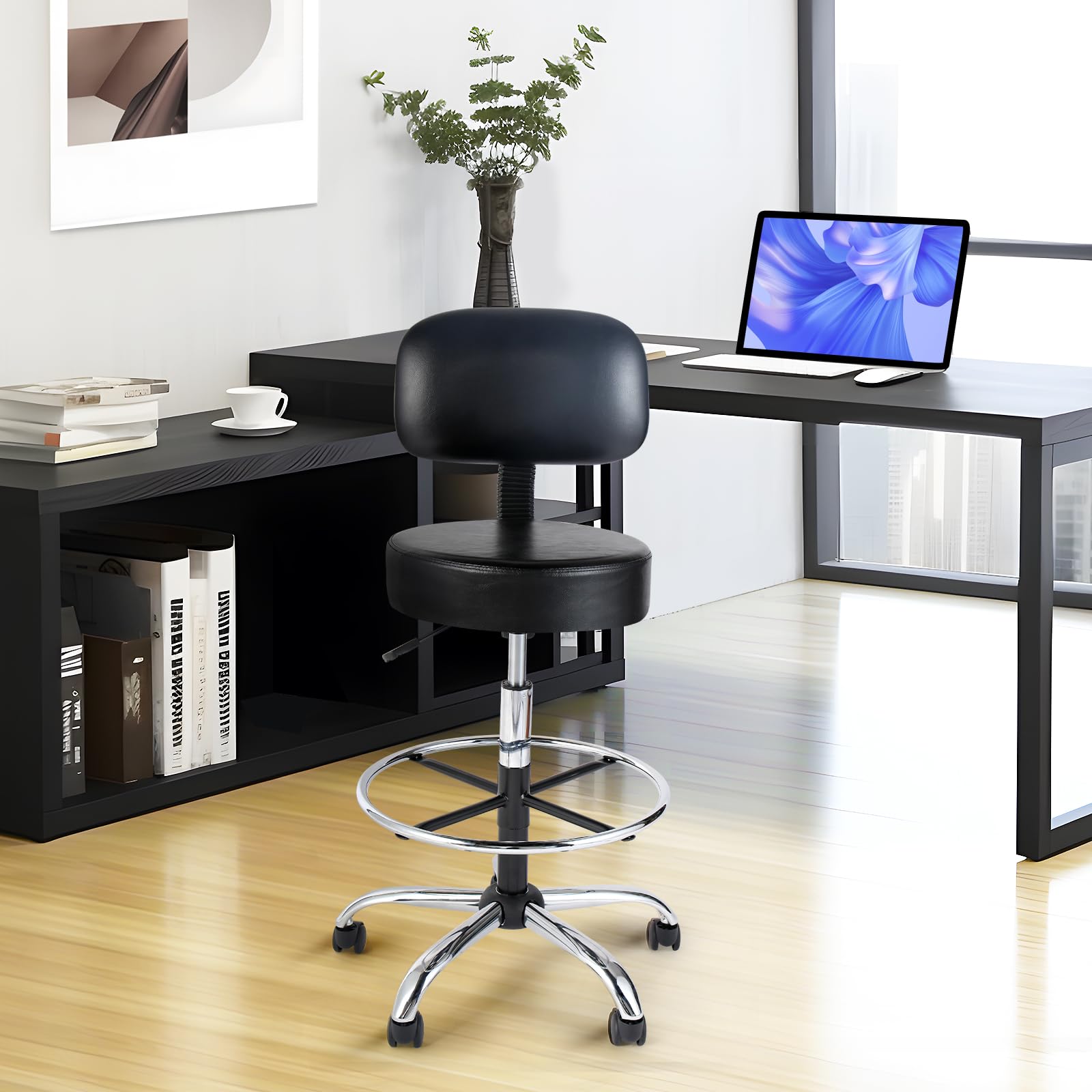 Round Rolling Stool, Stool Chair with Back Support, Adjustable Height Office Stool with FootRest, Swivel Stool with Wheels for Spa Beauty Barber Tattoo Massage Drafting Medical (Black)