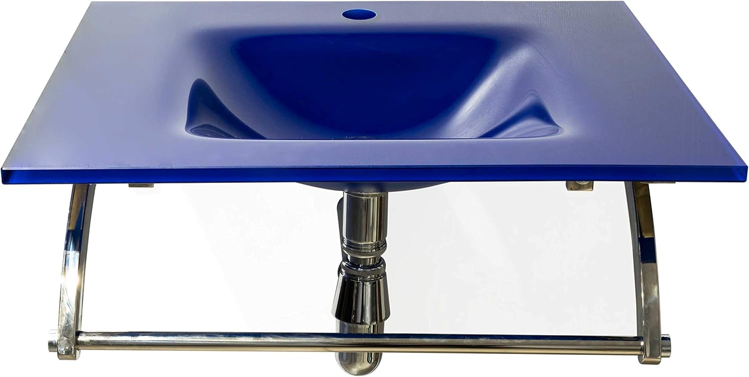 AUKERA HOUSE Lavabo en cristal templado. Conj. RAINBOW CRISTALPACK en 101 x 46 Rectangular. Válvula, Sifón, Toallero y Soporte. Azul