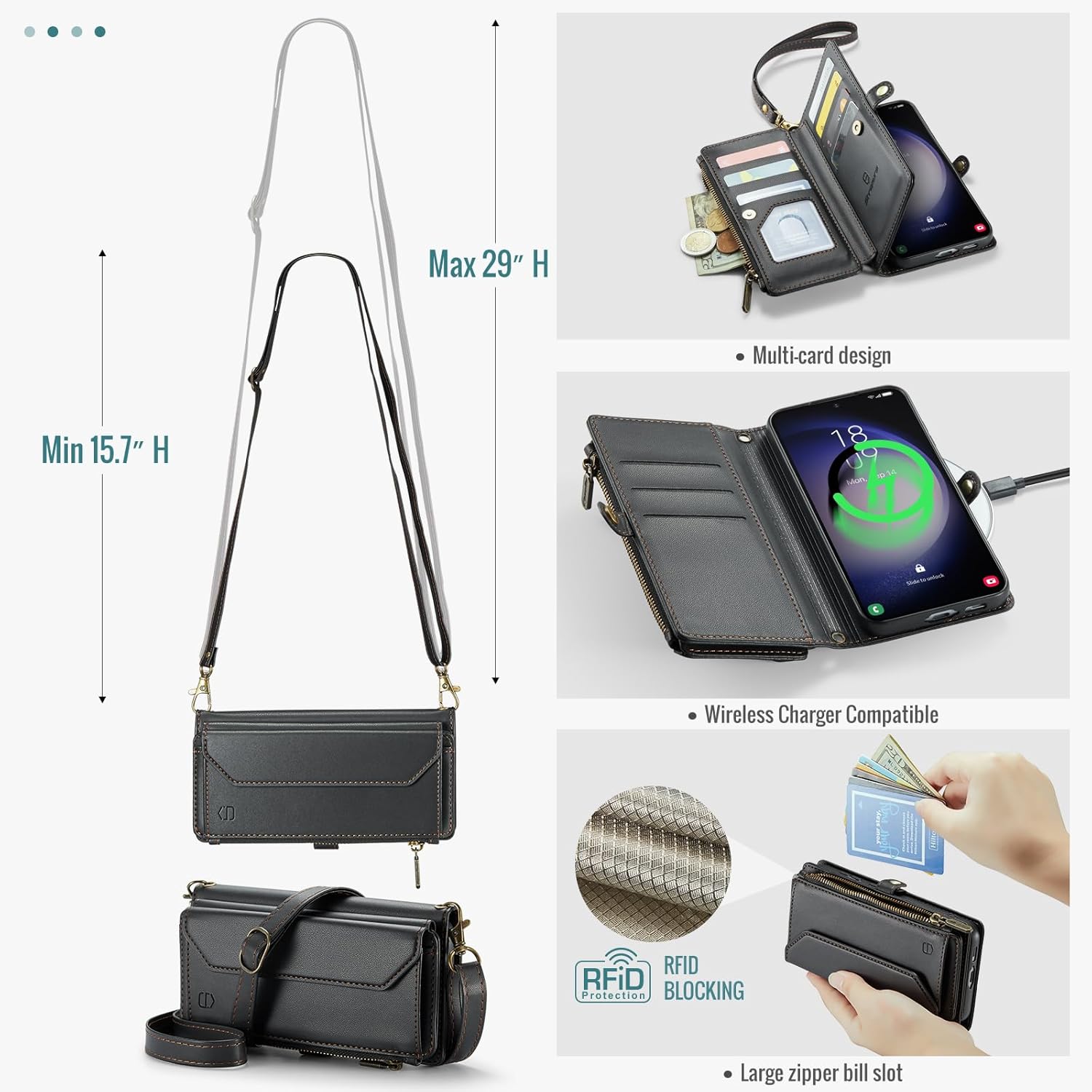 Strapurs Crossbody Wallet Case for Samsung Galaxy S23 Plus - Black RFID Blocking, Detachable Lanyard Shoulder Strap, Multi-Functional Wallet Case, Kickstand