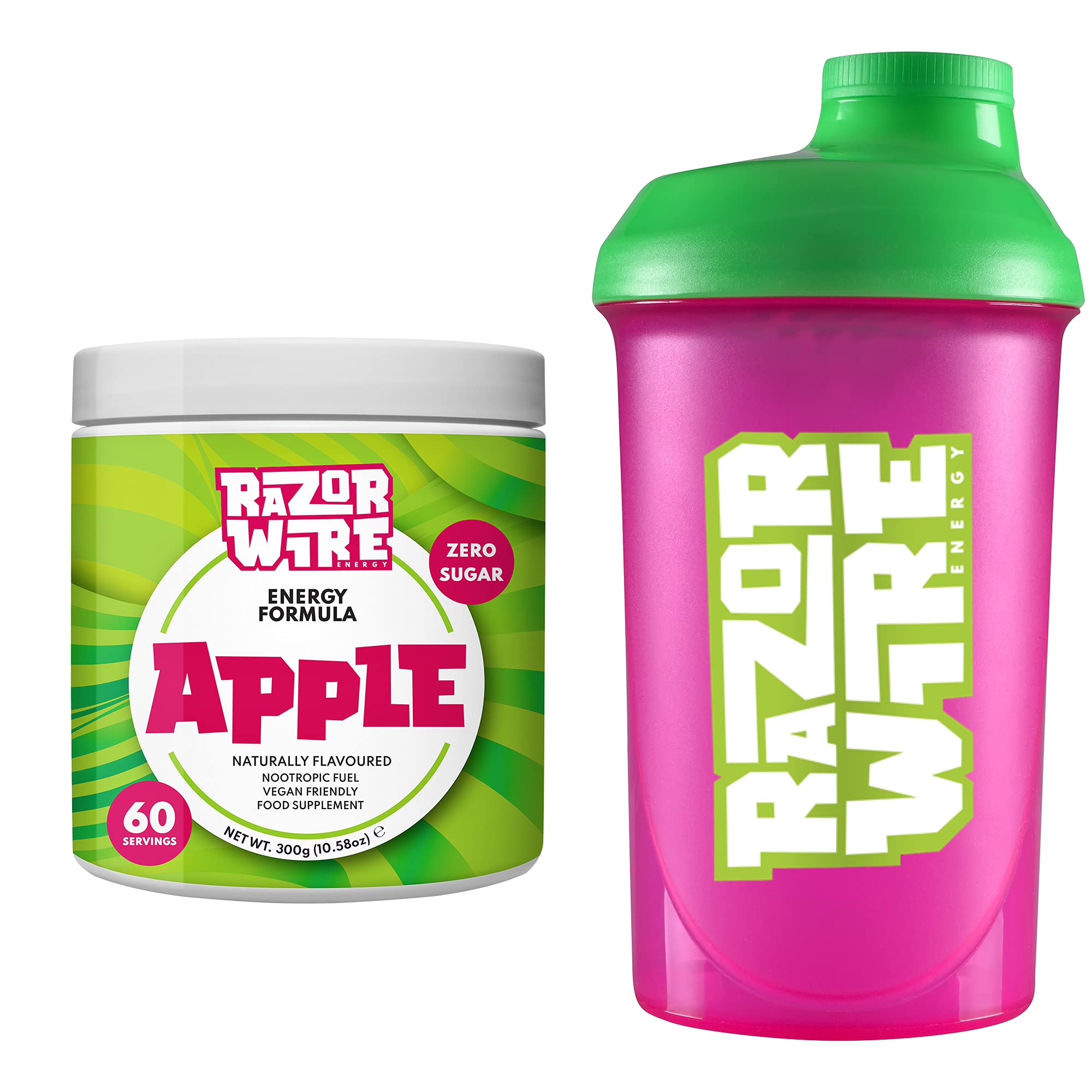 RAZORWIRE ENERGY | Apple | Focus Boost Energy Drink, Zero Sugar, Low-Calorie, Vegan | 60 Servings + Fusion Shaker (500ml)