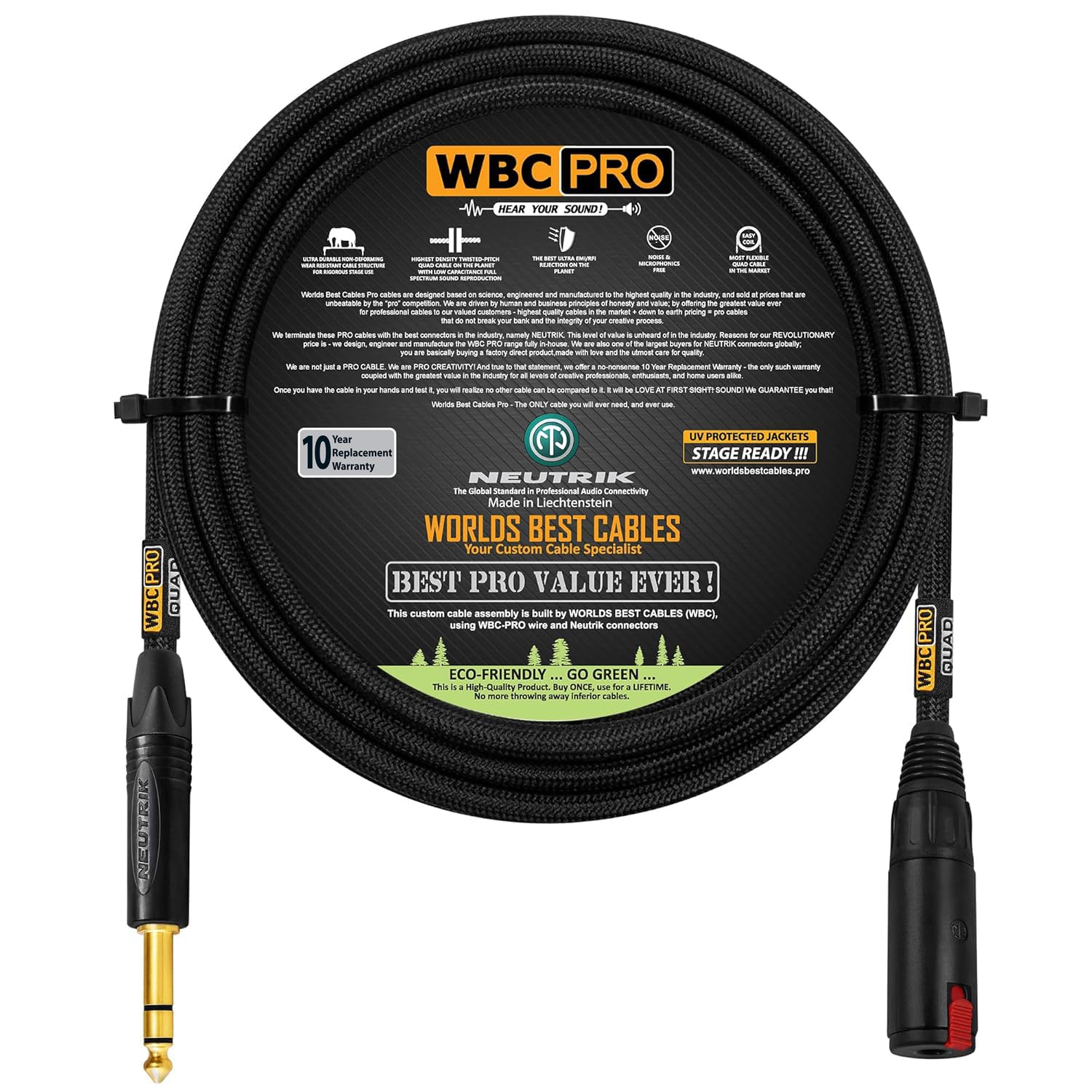 10 Foot - WBC-PRO-QUAD Ultra-Silent, Ultra-Flexible, Balanced Star-Quad Headphone Extension Cable with ¼” (6.35mm) Neutrik Male TRS Plug to Locking Female TRS Jack & Black Tweed Jacket-image-47