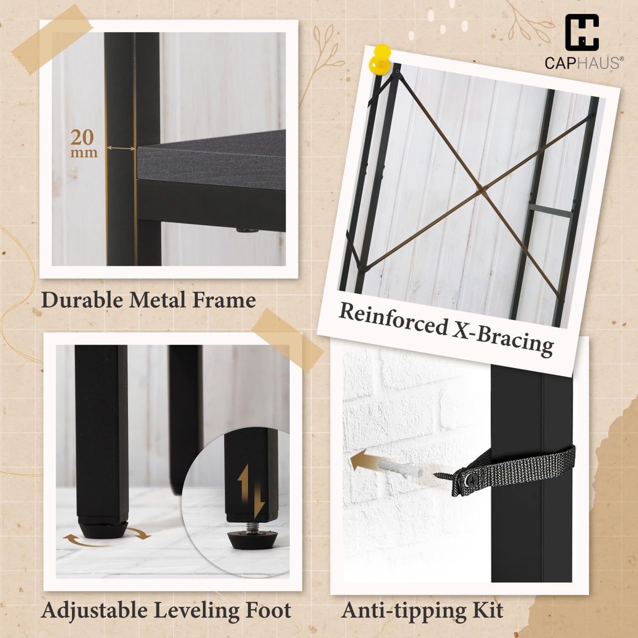 CAPHAUS 550lbs Capacity Garment Rack for Hanging Clothes, Heavy Duty Metal Open Wardrobe w/Hanging Rods & Drawers, Free Standing Closet Organizer, Metal Closet w/Wooden Boards, Black Vintage Board