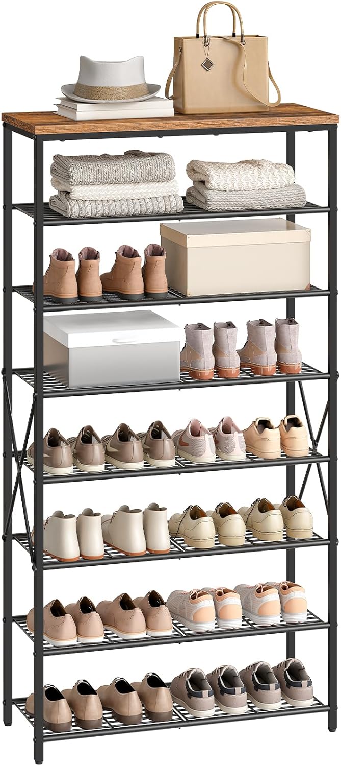 HOOBRO 8-Tier Shoe Rack for Front Door Entrance, Shoe Shelf, Shoe Storage Organizer, Holds 24-26 Pairs of Shoes, Metal Frame, Closet, Entryway, Hallway, Foyer, Rustic Brown and Black BF88XJ01