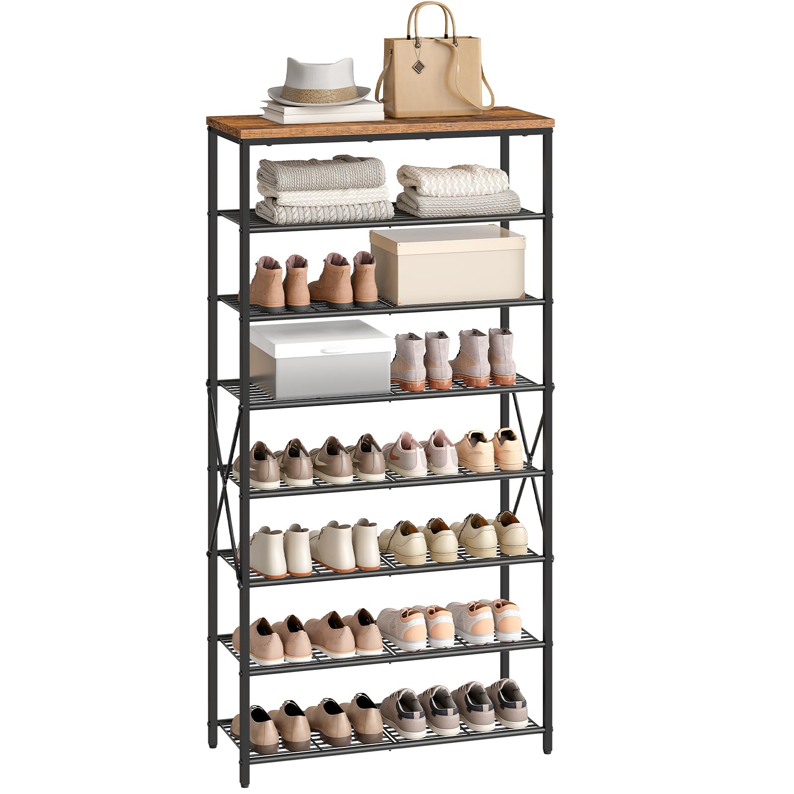 HOOBRO Schuhregal mit 8 Ebenen, Hoch Schuhablage, Große Schuhaufbewahrung, Schuhständer Metallrahmen, Schuh-Organizer für Schlafzimmer, Flur, Dunkelbraun-Schwarz EBF88XJ01