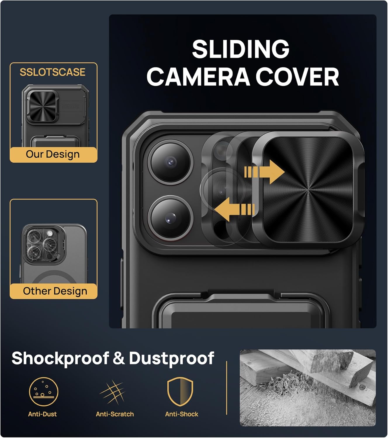 SSLOTSCASE for iPhone 15 Pro Max Case with Card Holder & Kickstand & Slide Camera Lens Cover & Camera Stand & Wallet, Military-Grade Heavy Duty Phone Case Cover for iPhone 15 Pro Max 5G 2023, Black - Image 5