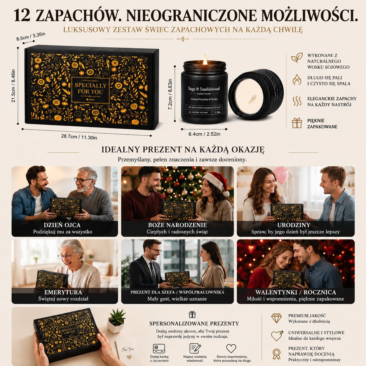 CREASHINE 12-pak prezentów dla mężczyzn, prezent urodzinowy dla niego, zestawy męskich świec zapachowych, świeca z podziękowaniami w szklanym słoiku dla ojca, męża, brata, syna, rodzinnego prezentu na