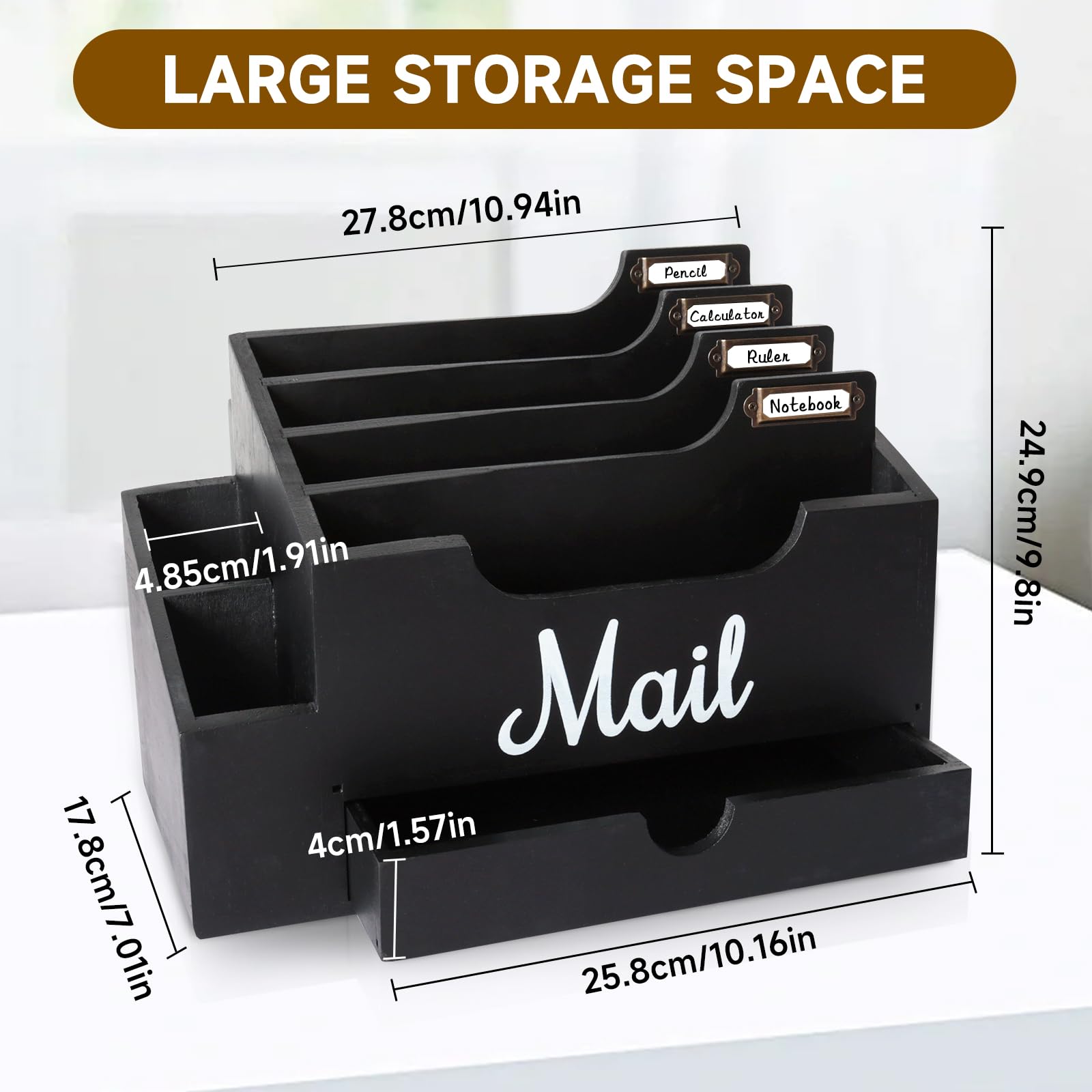 Organizzatore di Posta da Scrivania in Legno con 6 scomparti e cassetto, Organizzatore per Cartelle di Carta e Lettere, Organizer per Cartelle per Scrivania per Lettere Cancelleria, Nero
