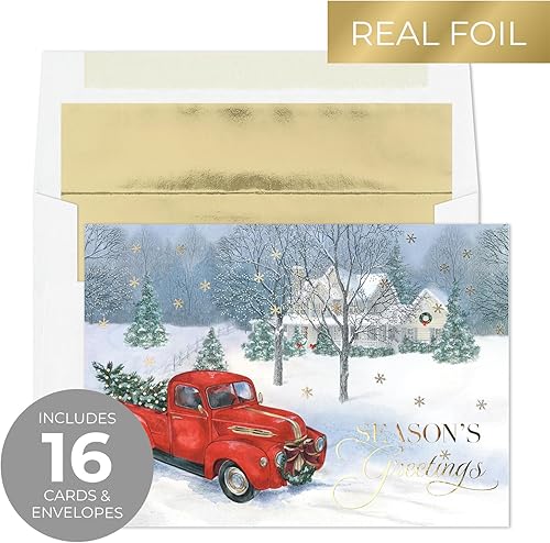 Miniatura 2 de Masterpiece Trucking The Tree - Juego de 16 tarjetas de Navidad de camión rojo en caja con detalles de lámina dorada y sobres a juego  5 58 pulgadas
