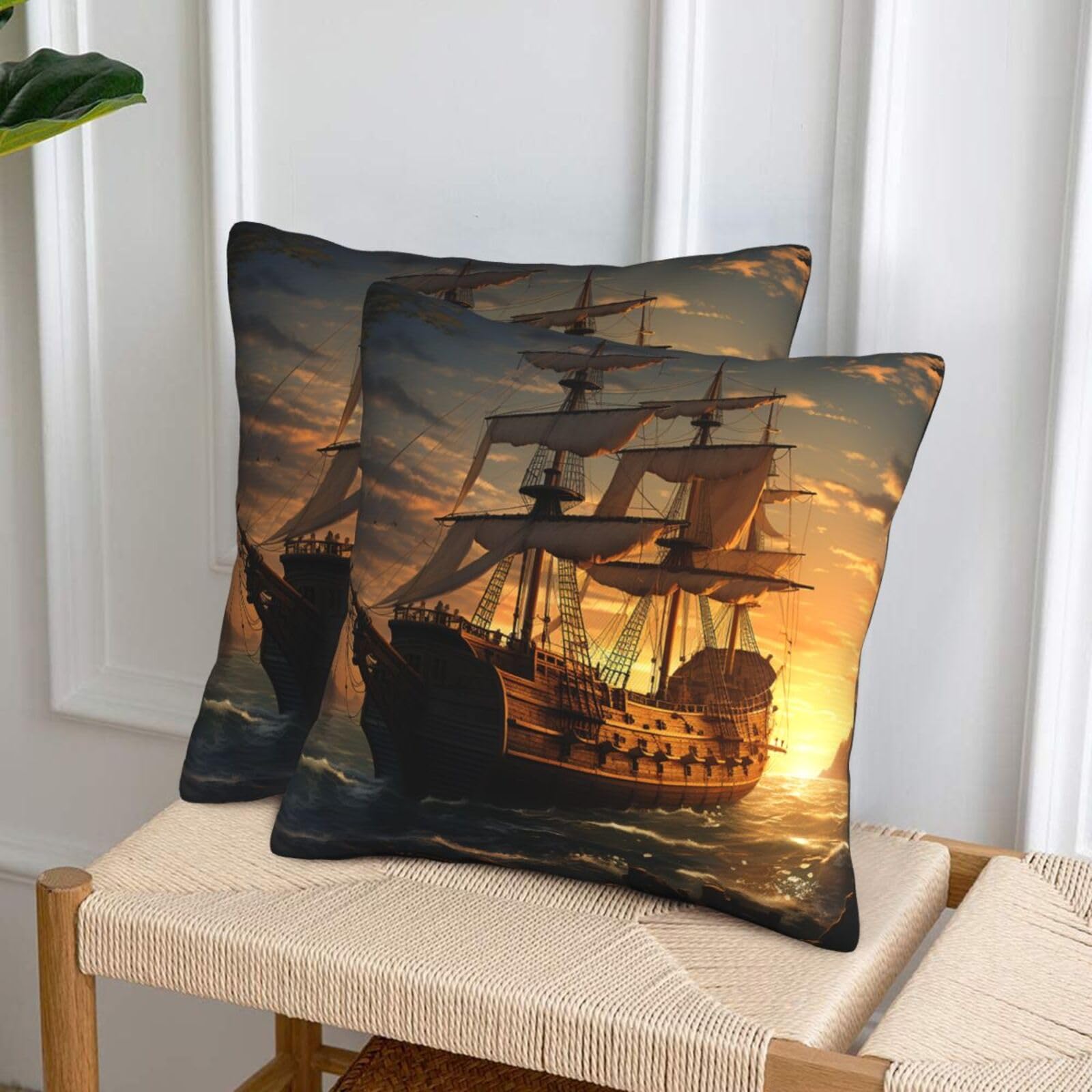NONHAI Decorative Throw Pillow Covers Set of 2, 20"x20" Square Cushion Case Soft Comfy Fantasy Pirate Ship Throw Pillows for Couch Cushion Livingroom Farmhouse Home Decor Pillowcases
