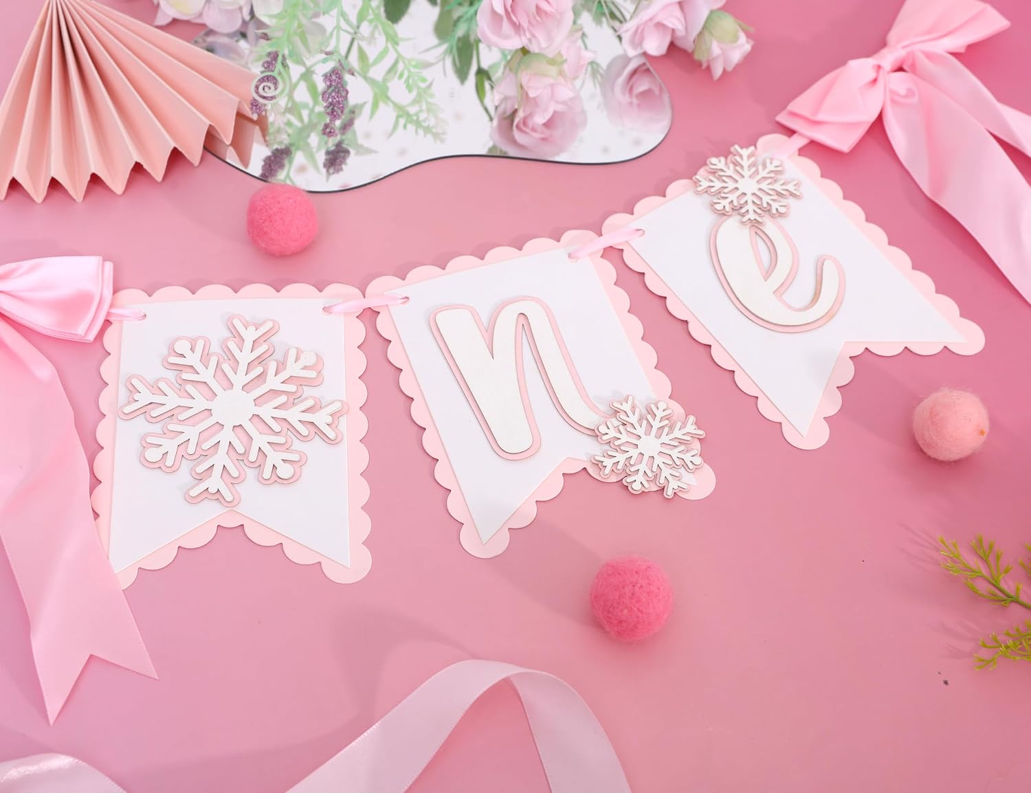 Snowflake One Highchair Banner - Winter Onederland High Chair Banner, Pink Snow First Birthday Party, Snow One Birthday Decorations for Girls, Pink Ribbon Bows