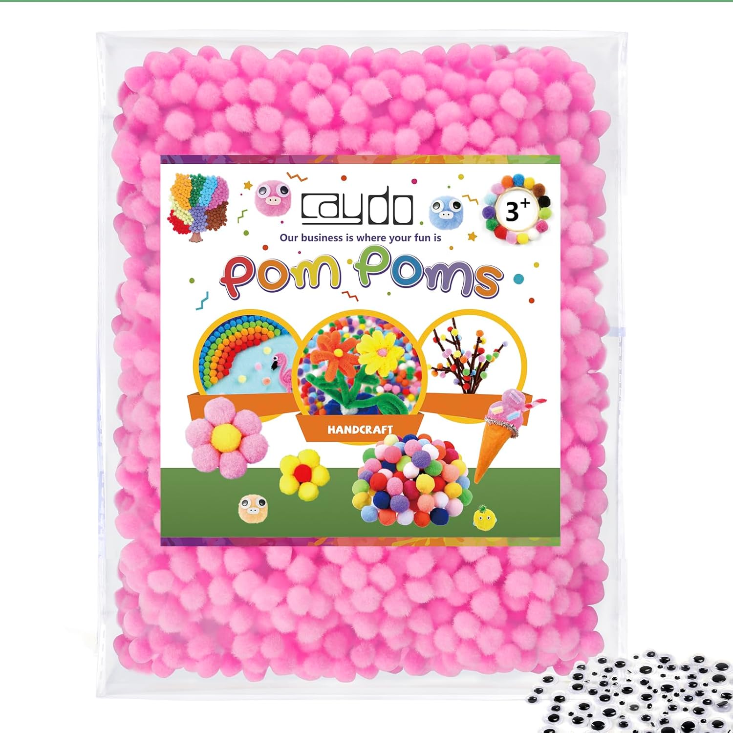 Caydo 1000 Pieces 1cm Pink Pom Poms with 100 Pieces Wiggly