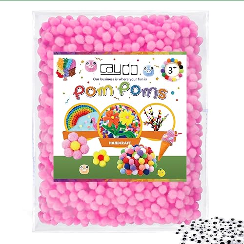 Caydo 1000 pompones rosas de 0.39 pulgadas con 100 piezas de ojos ondulados, bolas para artes y manualidades para niños, para proyectos de