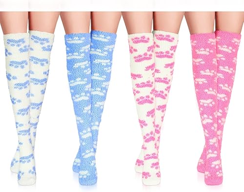 Meanplan 4 pares de calcetines largos hasta el muslo para mujer, calcetines largos sobre la rodilla, lindos calentadores de forro polar mullido para