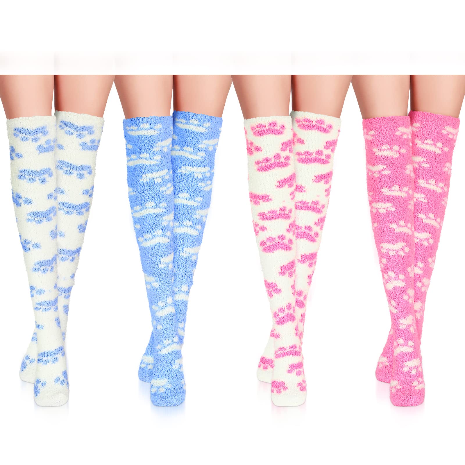 Meanplan 4 Pairs Women Thigh High Fuzzy Socks Long over Knee Stocking Cute Fluffy Fleece Warmer for Winter
