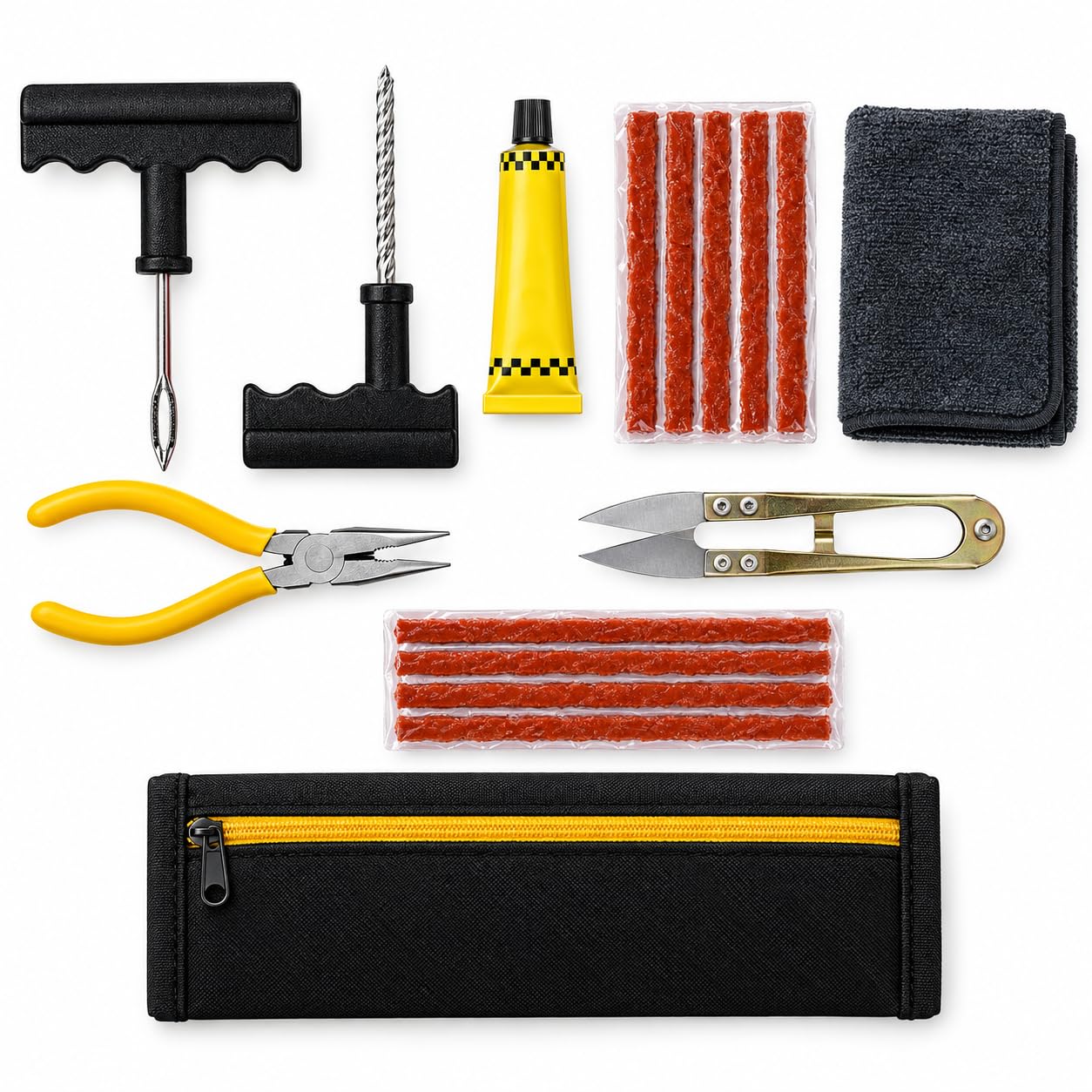 Complete tubeless tire puncture repair kit with carrying case