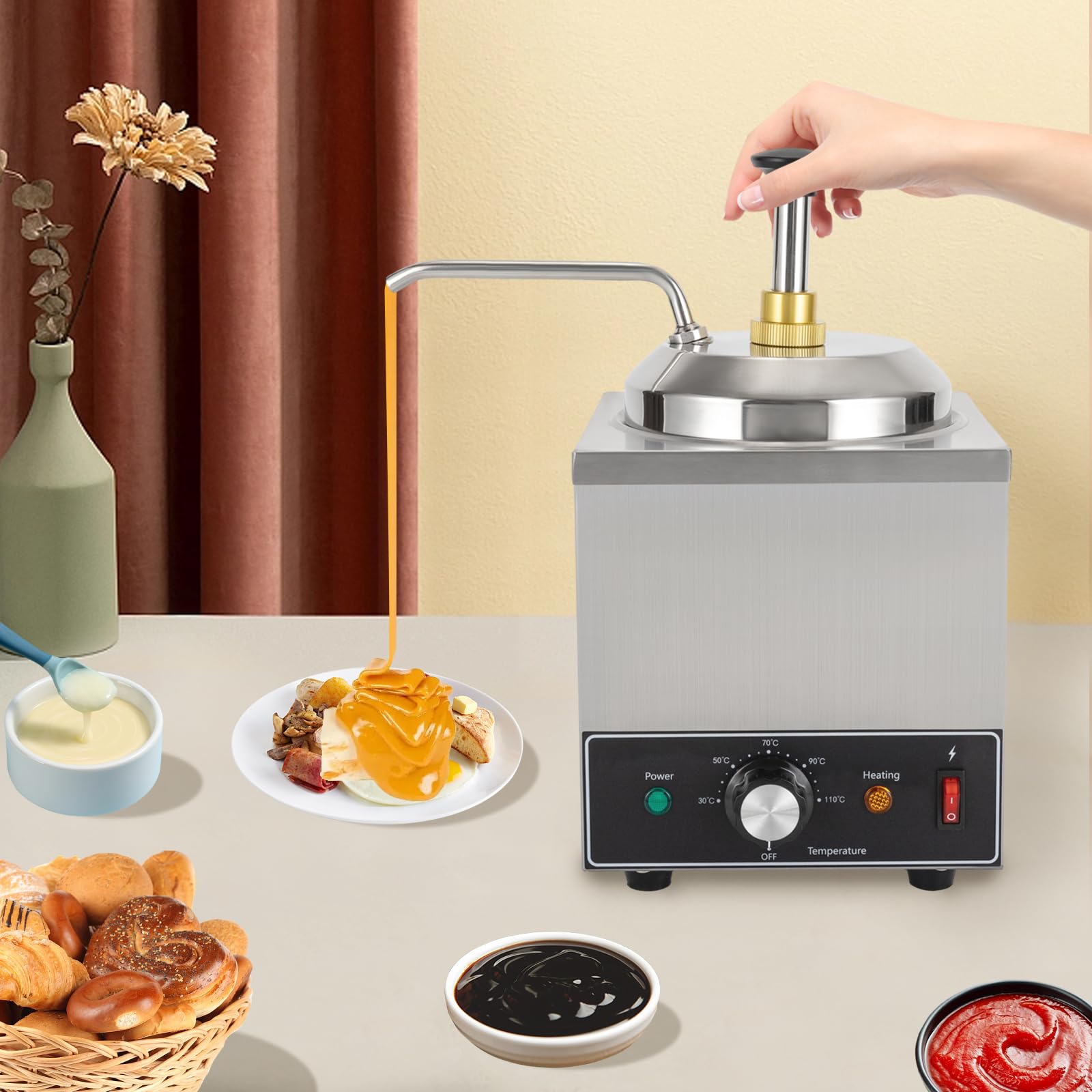 Dosatore di cioccolato in acciaio inox, 650 W, 2 l, con pompa erogatore di salsa, 2,1 Qt, dispenser di cioccolato, caldo per cioccolato, crema di soia, temperatura 30 – 110 ℃