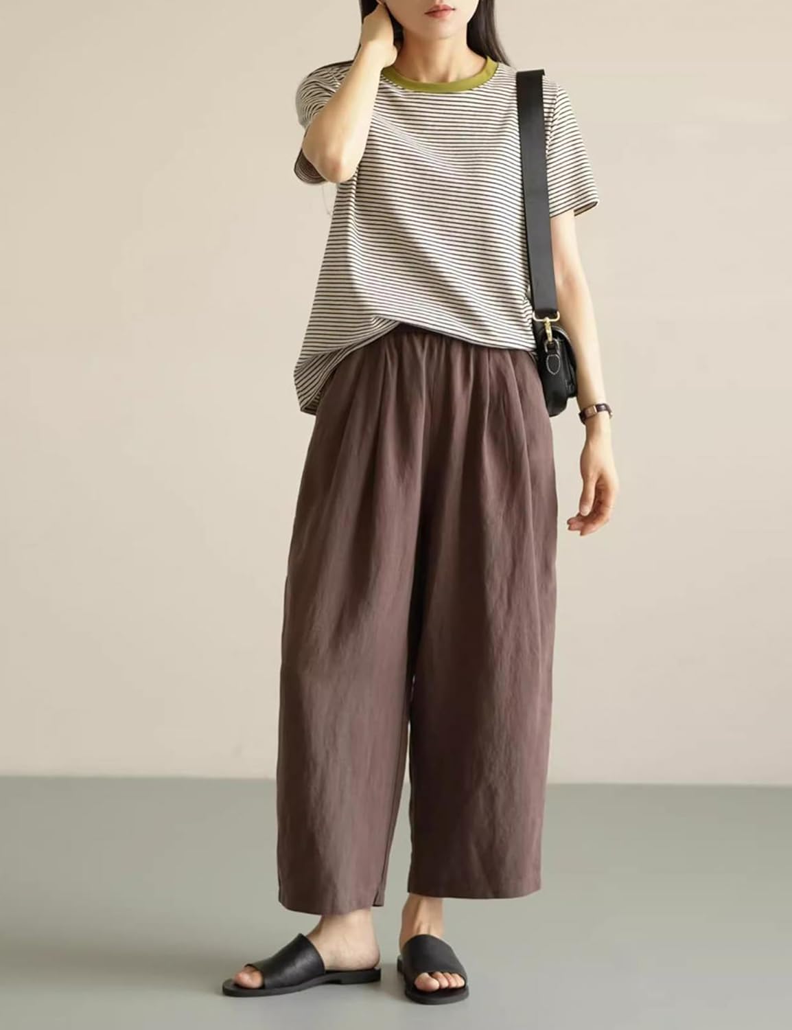 Yeokou Womens Linen Pants Summer Casual Capris Cropped Wide Leg Beach Trousers with Pockets - Image 5