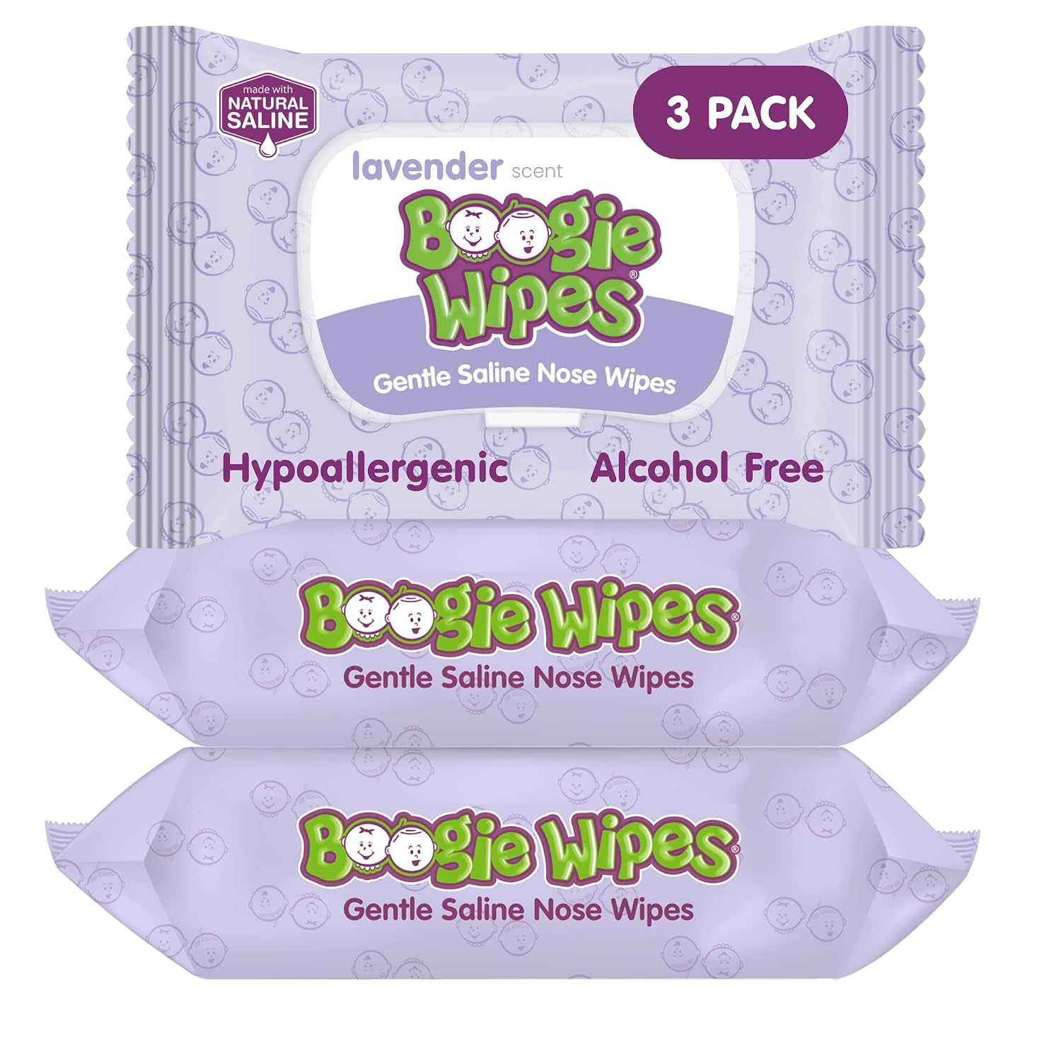 Boogie Wipes Saline Nose Wipes - 90 Count - Lavender Scent, Hypoallergenic & Alcohol-Free - Allergy Relief - Made with Natural Saline, Aloe, Chamomile & Vitamin E - Diaper Bag Essential