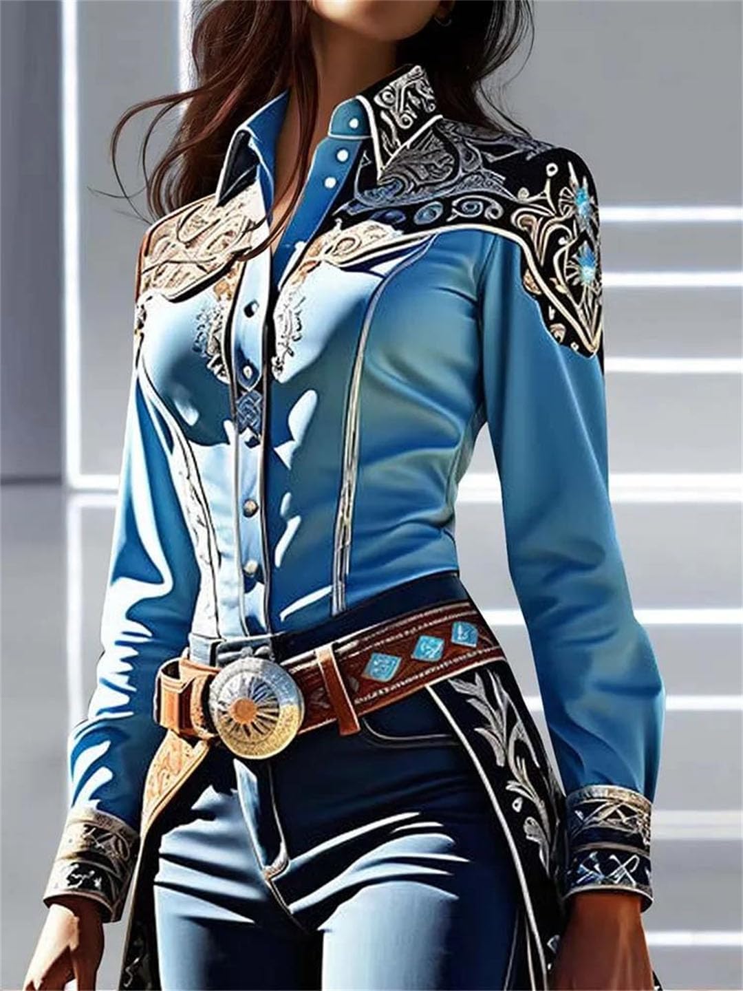 Women Office Western Print Button Collar Slim Waist Patchwork Long Sleeve Blouse Tops