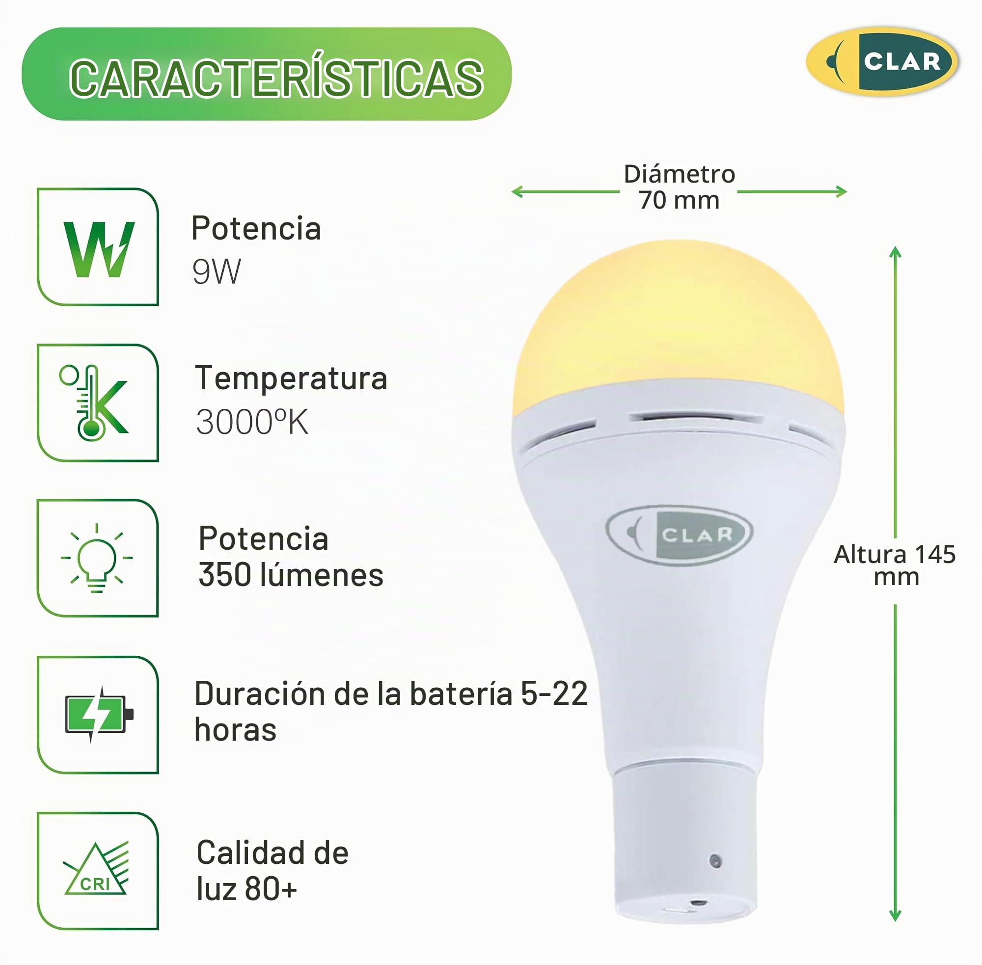 CLAR - Bombilla Recargable USB Con Mando, Luz Sin Electricidad, Sin Cable (Pack 3)