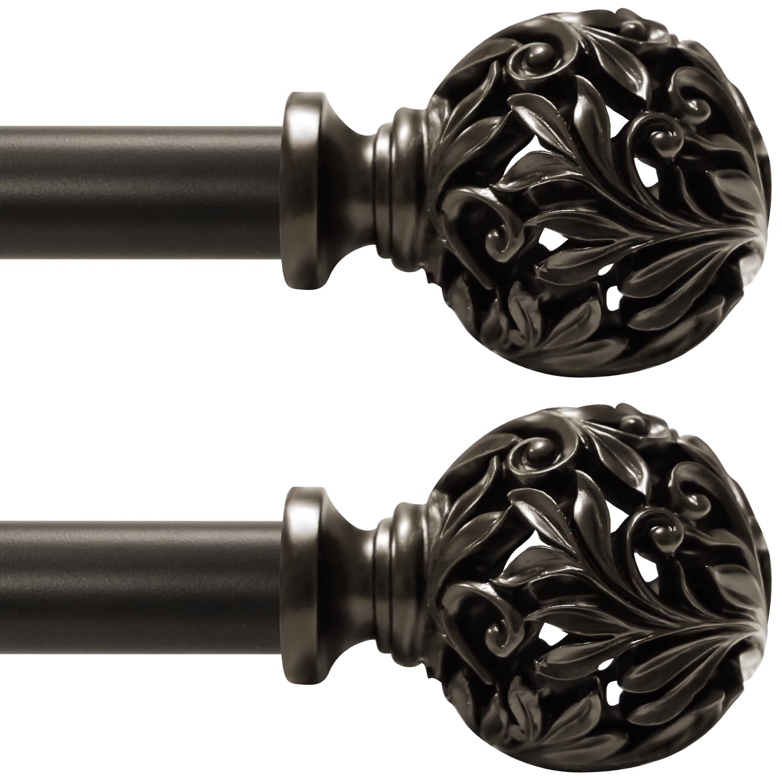 2Pack Bronze Curtain Rods 36 to 120 inch (3-10ft), 1 Inch Diameter Adjustable Heavy Duty Decorative Curtain Rods with Decorative Openwork Carved