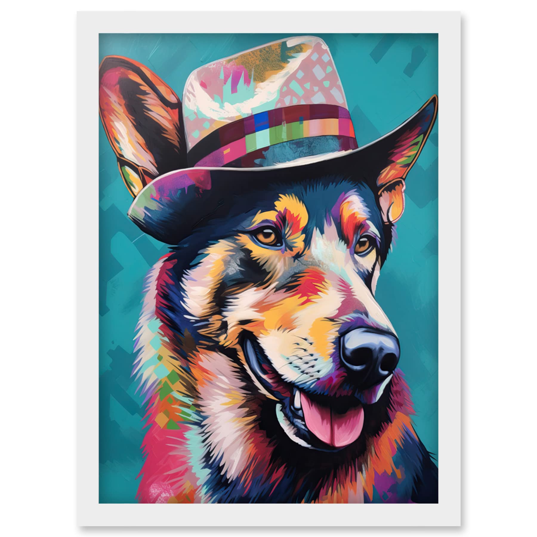 Artery8 German Shepherd with Fedora Hat Vibrant Portrait Artwork Framed Wall Art Print A4