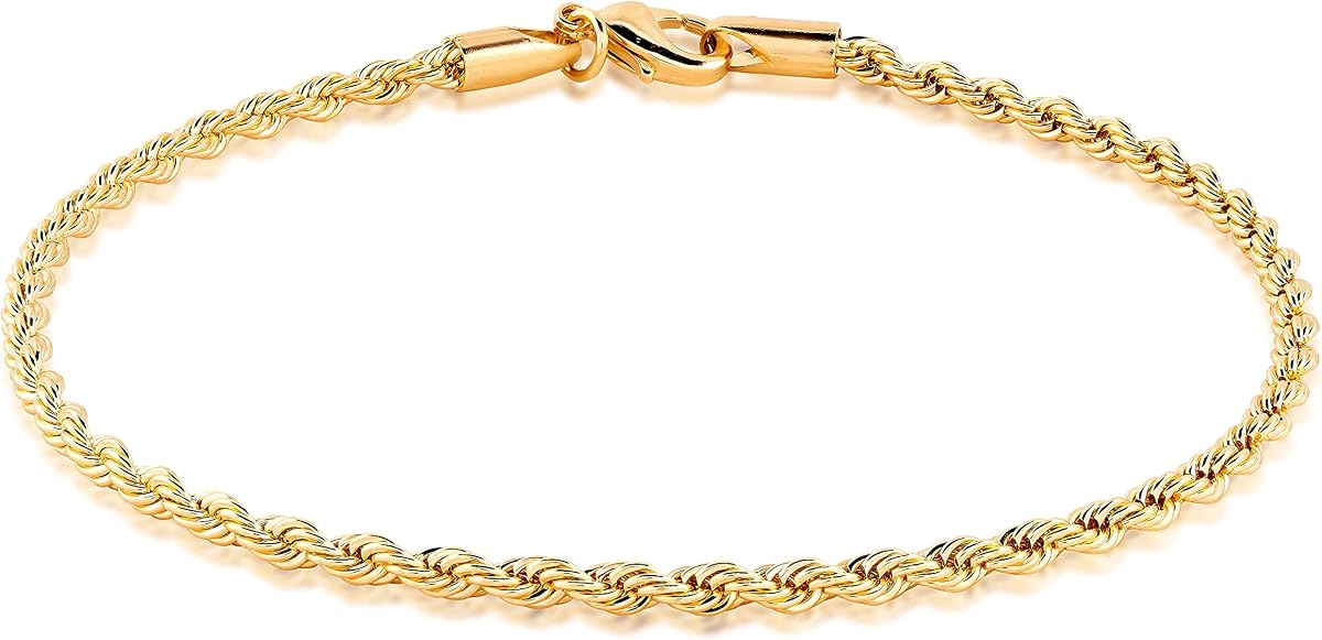 18K Gold Plated Braided Rope Anklet for Women, 2.7 MM thick, 10 Inches long - Made In Brazil