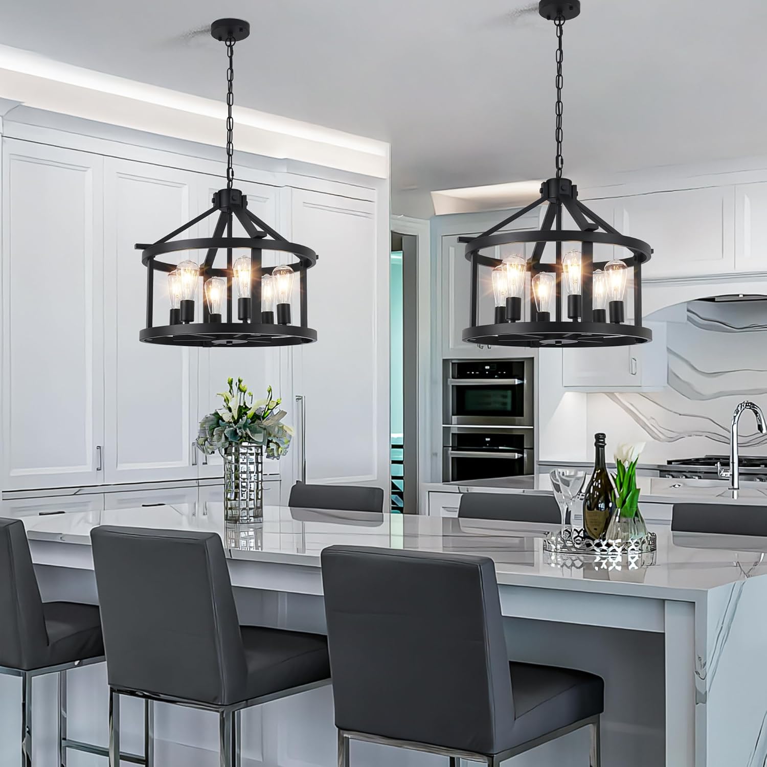 21.5'' Large Black Chandeliers Farmhouse Light Fixtures Vintage Rustic Cage Pendant Light Kitchen Island for Dining Room Foyer Entryway Living Room