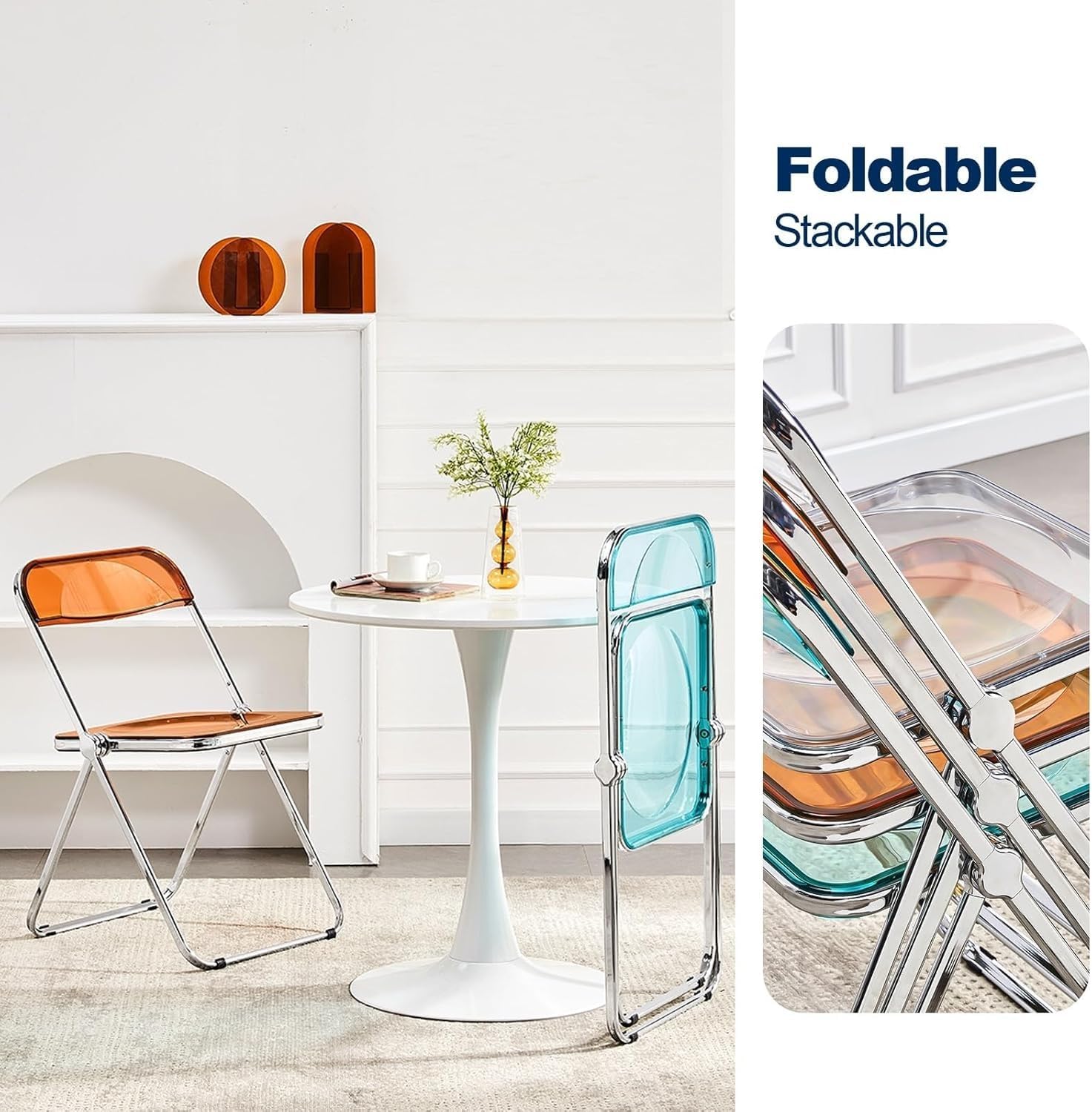 Luxury Modern Transparent Folding Chair, Acrylic Folding PC Plastic Living Room Seat, Chrome Frame(Blue)