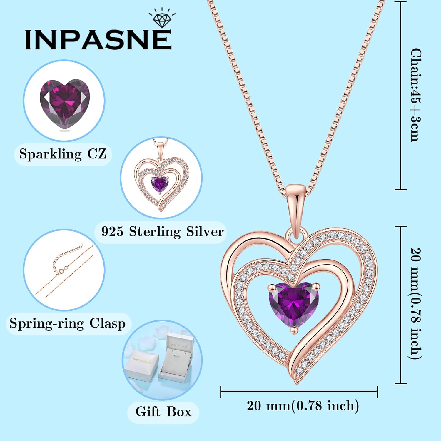 Rose Gold Plated Love Heart Necklace for Women 925 Sterling Silver Birthstone Pendant Necklace Jewelry Gift for Women Her Mom Wife - Image 6