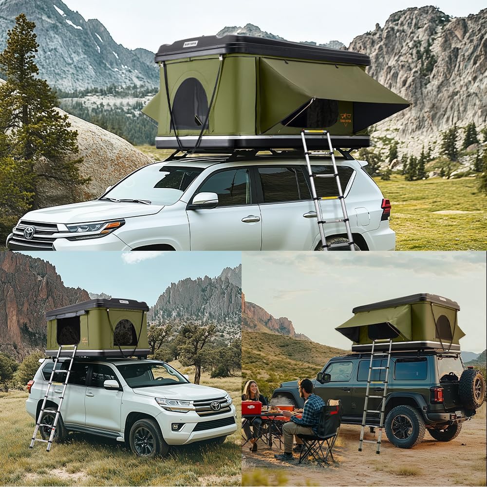 Sanhima Rooftop Tent Hard Shell - Jervis Loft Overland Aluminium ABS Roof Top Tent w/ 4 Sides Windows & AC Duct Hole for Car SUV Truck Camping, for 2-3 People