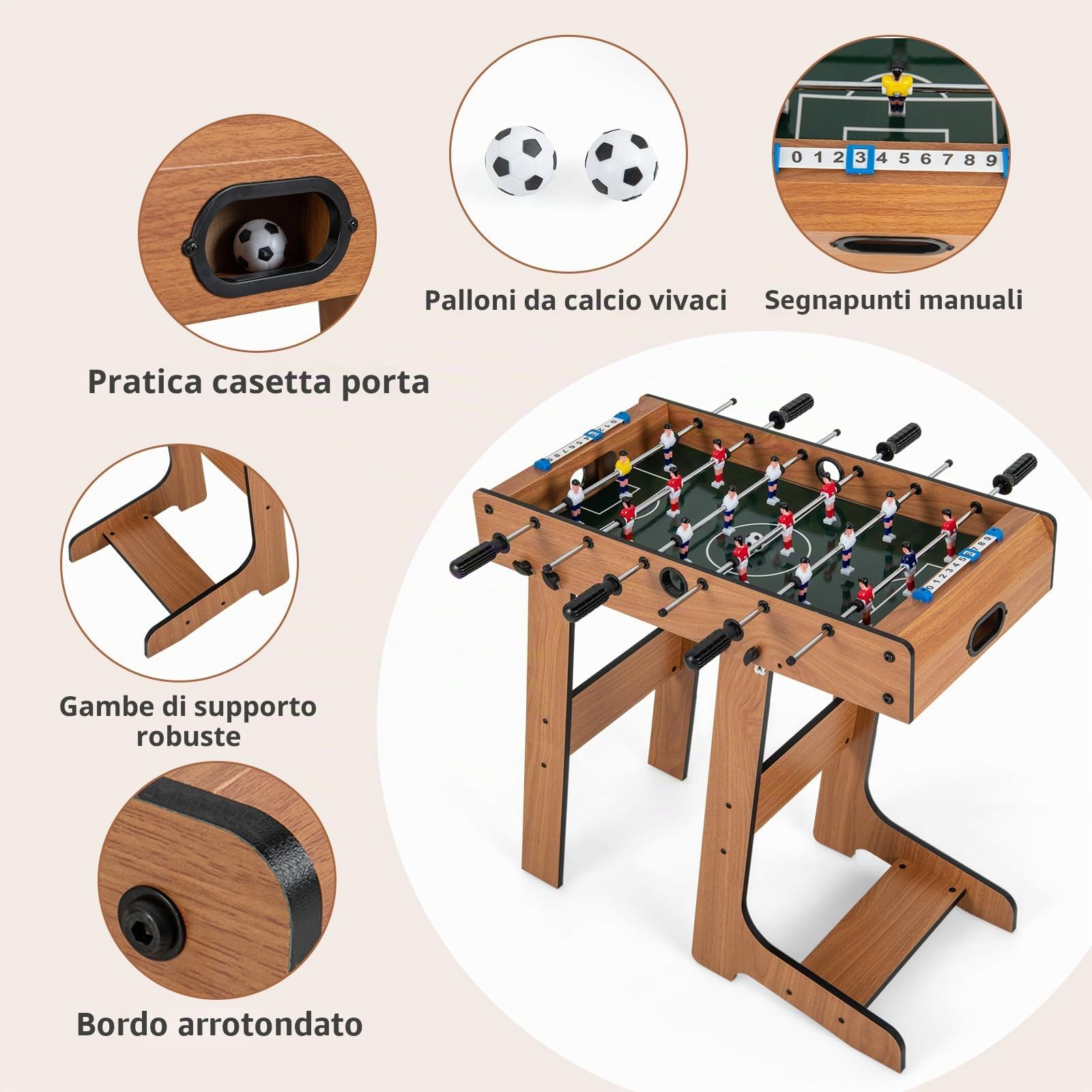 GYMAX Calcio Balilla Pieghevole in Legno, Calcetto da Tavolo con Supporto e 6 Aste, 2 Palloni e 18 Portieri e Segnapunti, per Bambini e Adulti, 69 x 60 x 71 cm