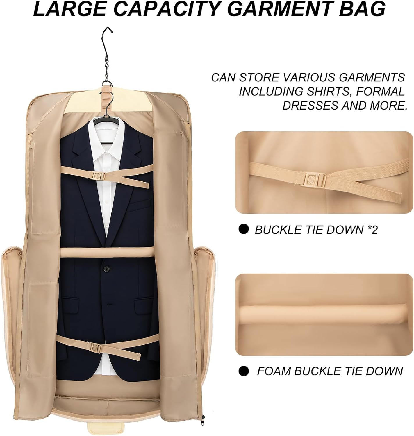 Travel Garment Bag for women,Lightweight Puffy Carry on Garment Bag for Hanging Clothes,44.7'' Waterproof Travel Suit Bag with Shoulder Strap,2 in 1 Foldable Duffle Bag,Khaki