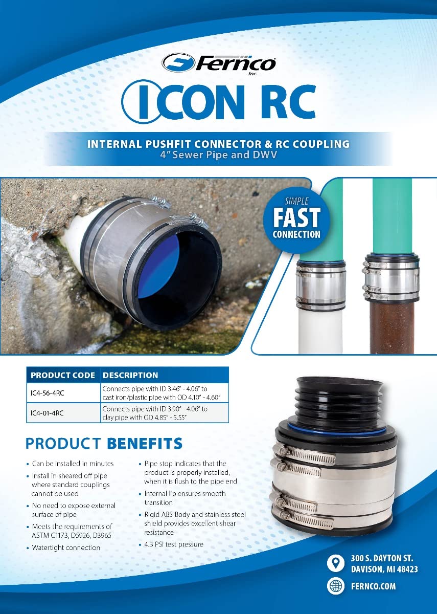 Fernco 4" ICON RC Pushfit DWV Coupling Sheared Off Pipe Connector with