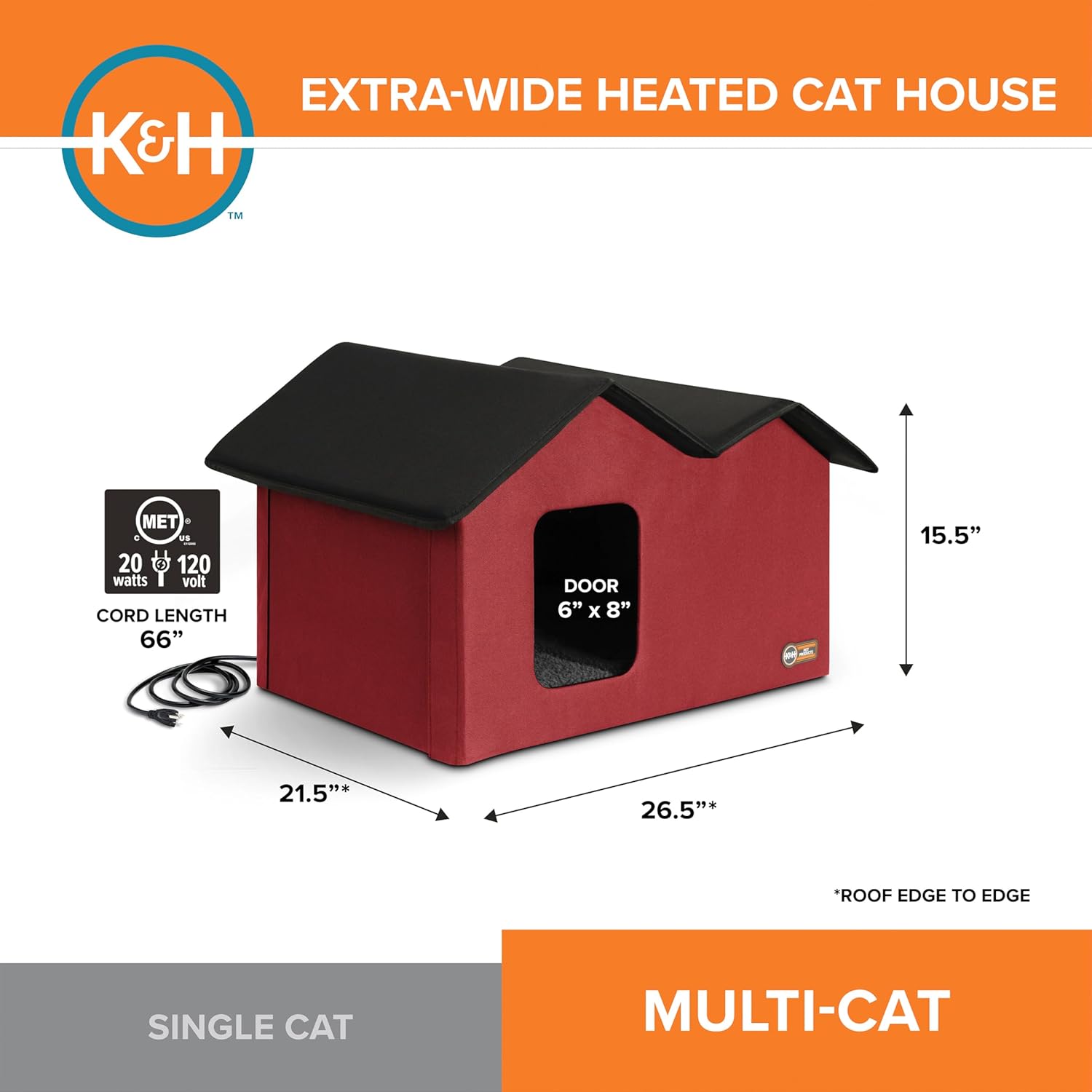 K&H Pet Products Extra-Wide Heated Outdoor Cat House for Outside Pets in Winter, Weatherproof Outdoor House for Ferals, Insulated Shelter, 2 Doors, Waterproof Heated Cat Bed, Safety Listed - Red