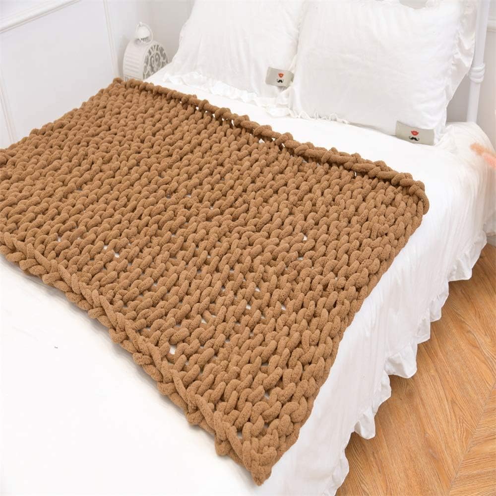 Chunky Knit Throw Blanket Chenille Yarn Soft Cozy Bulky Knitted Blanket for Sofa Bed Chair Large Hand Made Boho Home Decor Lilac 32x32