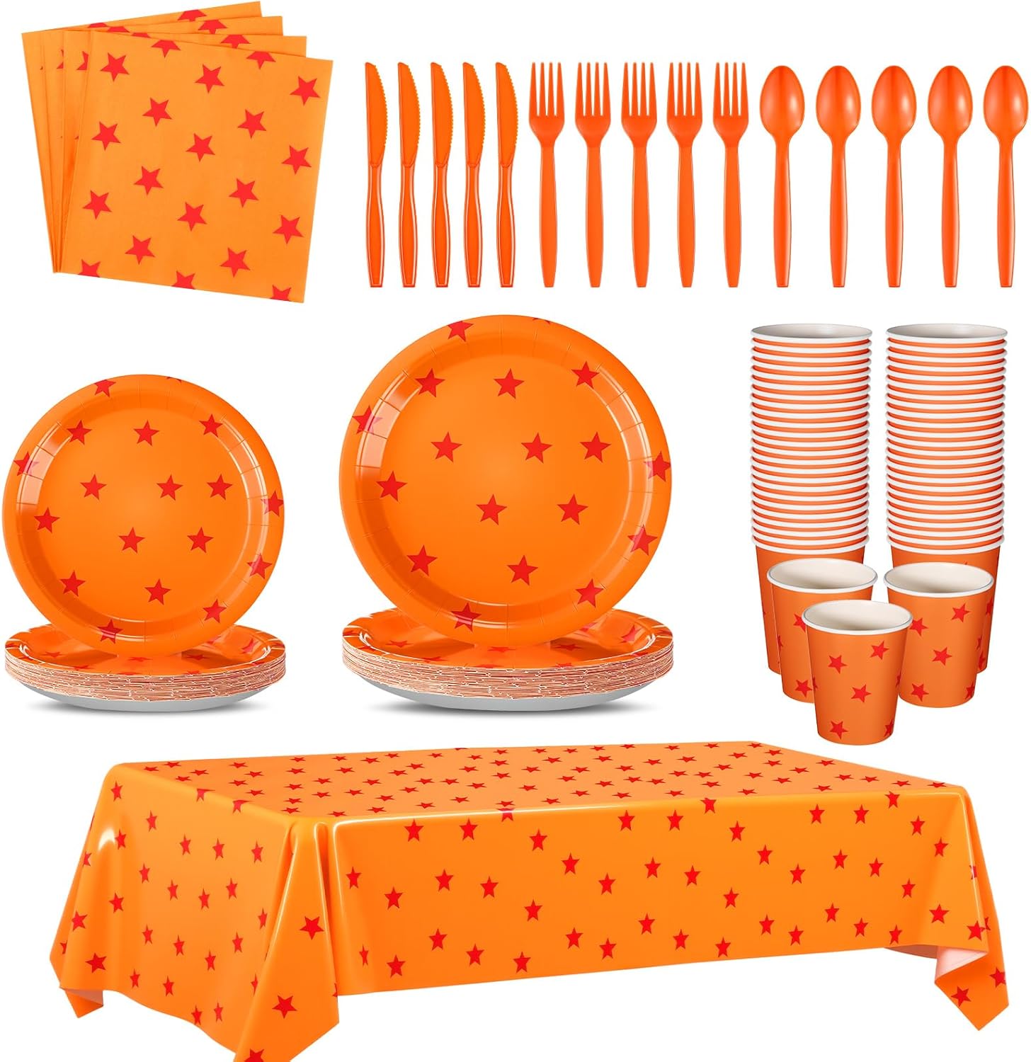 Oudain 170 Pcs Anime Tableware Set Anime Theme Party Supplies 24 Sets Yellow and Red Stars Print Disposable Plates Napkin Cup Fork Knife Spoon Tablecloth for Anime Party Decorations