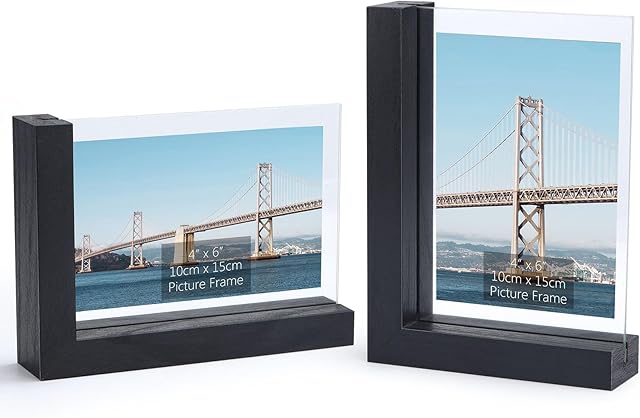 RLAVBL  6x4 Photo Frames Black, 4x6 Wooden and Glass Picture Frames L Shaped Display Horizontally or Vertically On Tabletop, 2 Pack