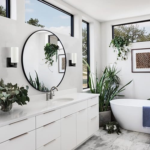 Miniatura 3 de DEYNITE Juego de dos apliques de baño modernos negros con pantalla cilíndrica de cristal cilíndrica blanca lechosa