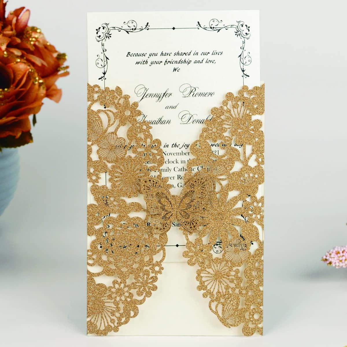 5X7.3 Inch 50PCS Gold Glitter Wedding Invitations Cards with Butterfly and Envelopes 5x7.3 Inch Blank Laser Cut Lace Flora Design Quinceanera Invitation for Birthday Party Supplies