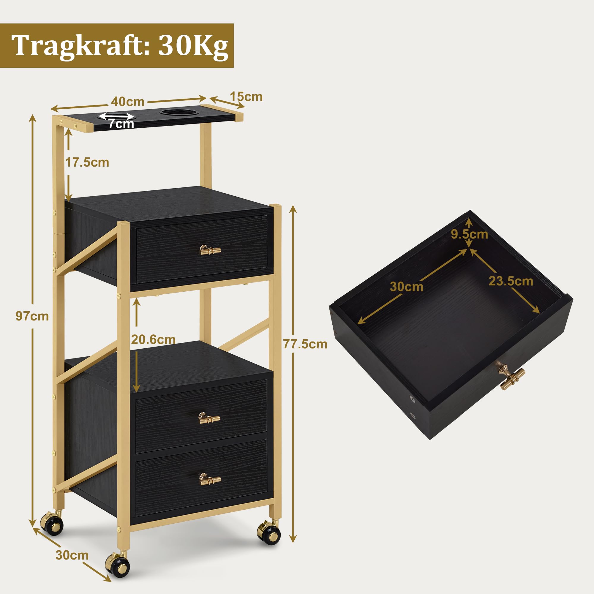 MCombo Chariot de coiffure 3 tiroirs noir doré 30x40x97 cm