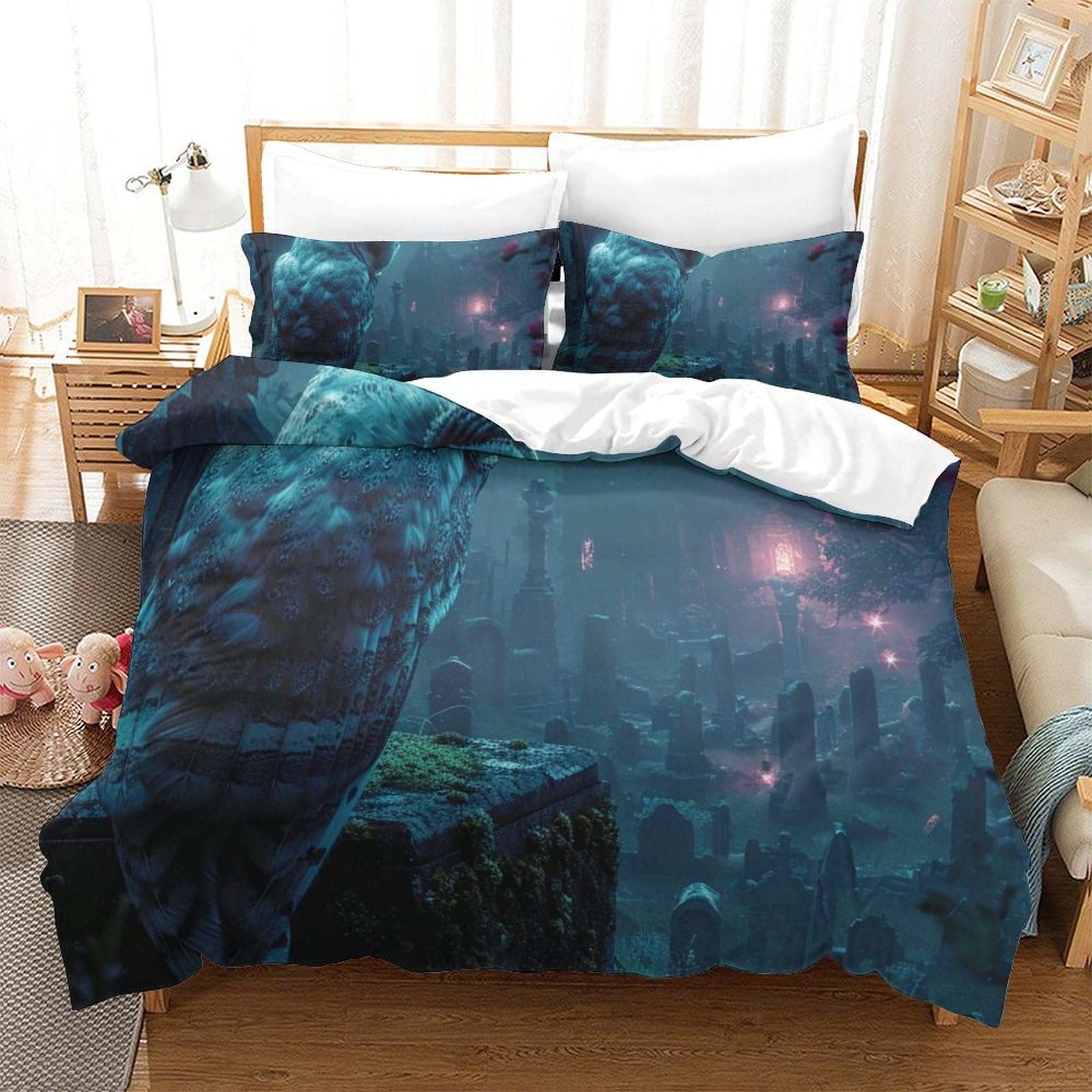Housses de couettes respirantes imprimé 3D la chouette blanche microfibre douce