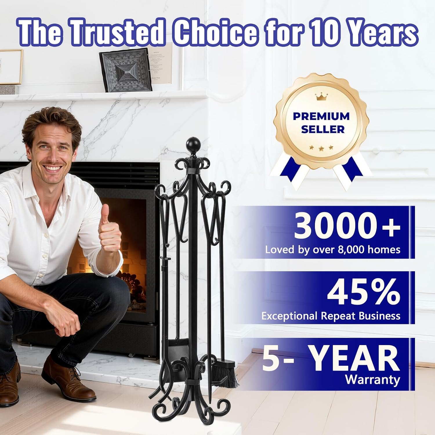 AMAGABELI GARDEN & HOME 5 Pieces Fireplace Tools Set Heavy Duty Black Cast Wrought Iron Tool Set with Log Holder Fire Set Stand Scroll Rustic Antique Accessories Set