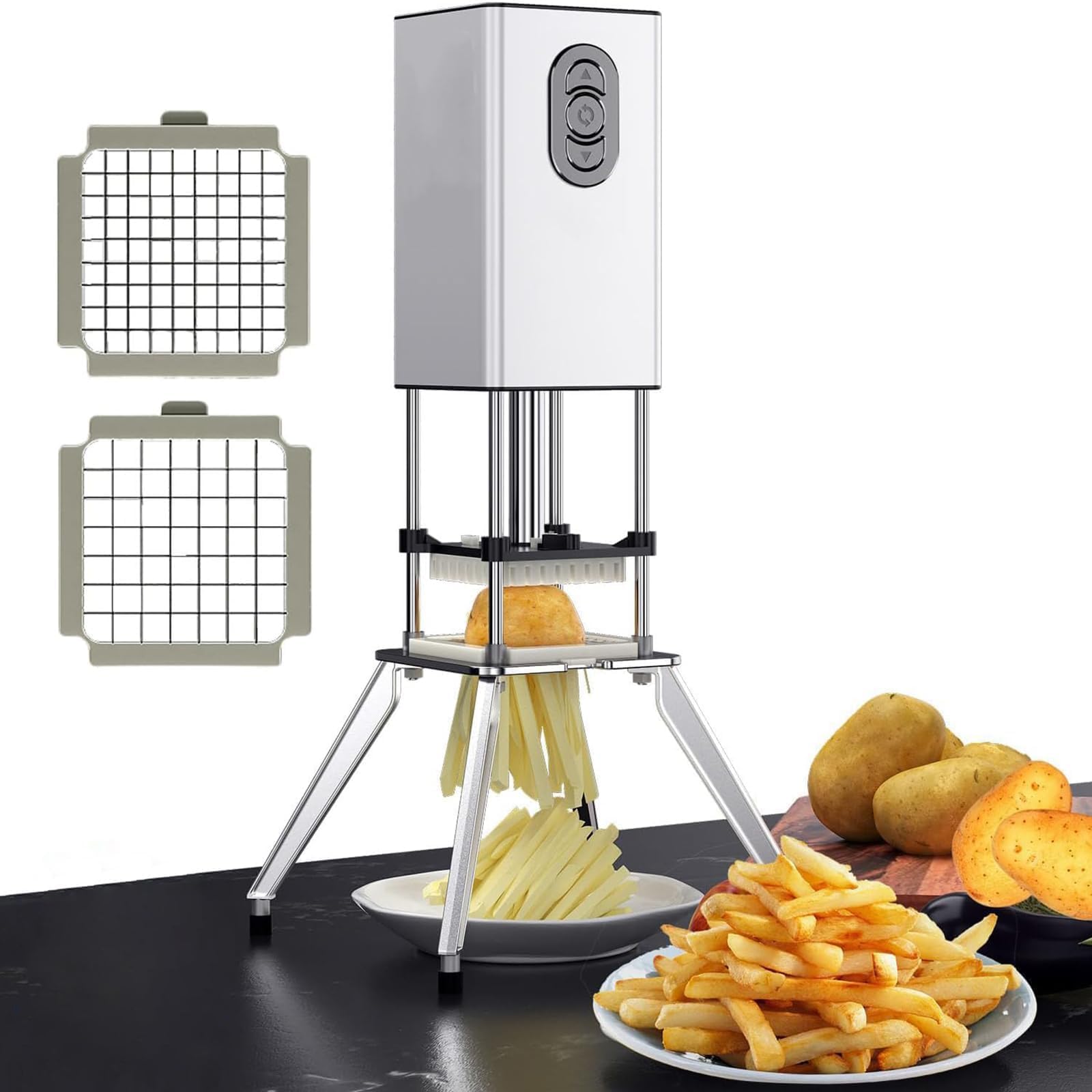 Tagliapatatine Verticale, Tagliapasta Elettrico in Acciaio Inossidabile, Tagliapatate Automatico con Lama da 1/2 e 3/8 di Pollice per Patate, Cipolle, Carote