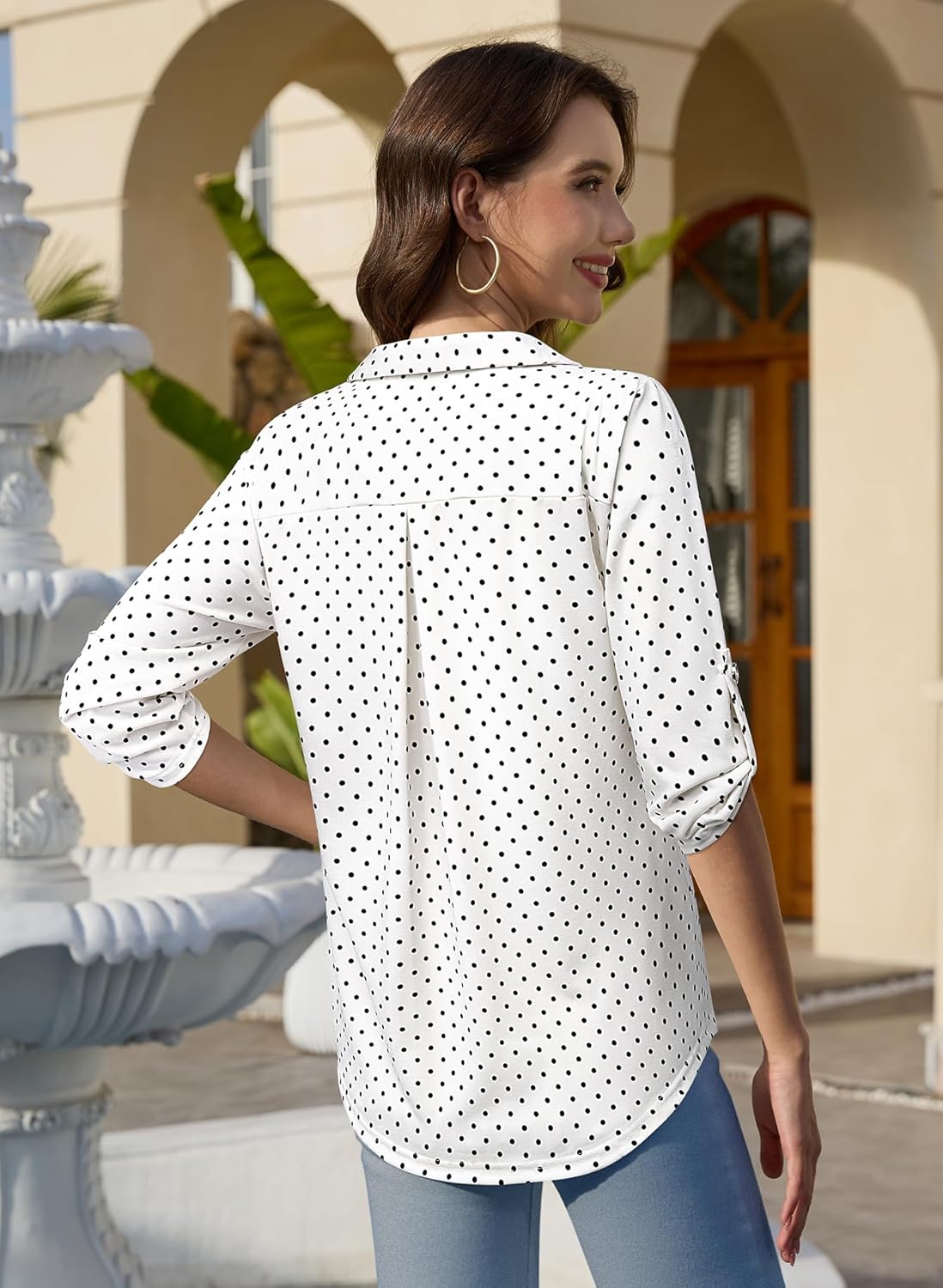 Bulotus Women's 3/4 Sleeve Collared Blouses Business Casual Tops Zip Front V Neck Work Shirts Loose Fit Tunic Tops - Image 4