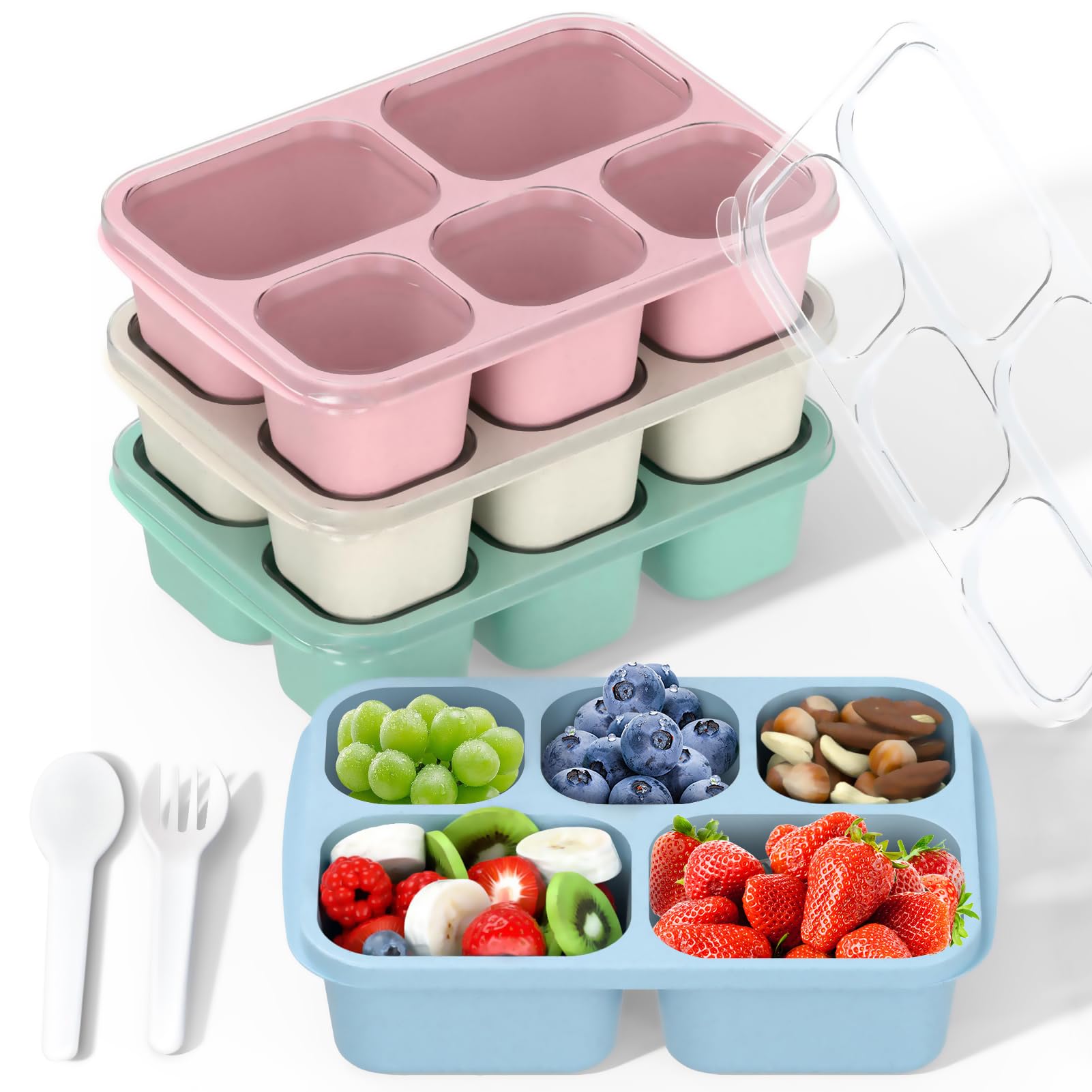 4 Pack Bento Snack Boxes, 4 Compartment Meal Prep Containers, Reusable Meal Prep Lunch Containers for Kids Adults, Divided Food Storage Containers for School Work Travel (Green/Blue/Pink/Beige)