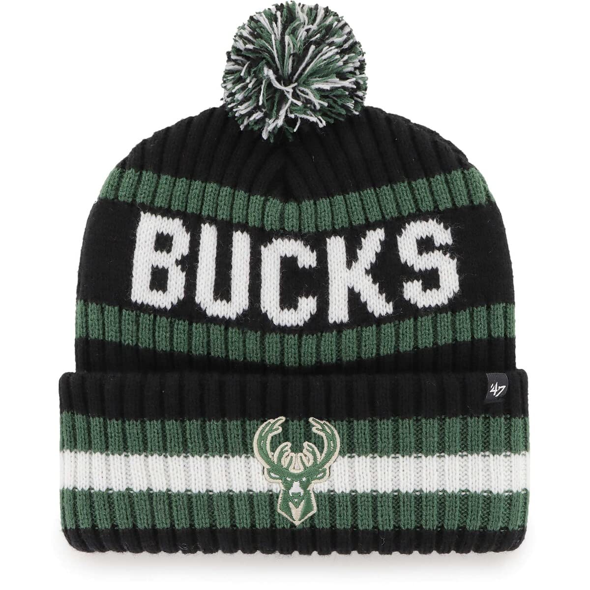 47 NBA Unisex-Adult Team Color Officially Licensed Primary Logo Bering Sport Knit Cuffed Pom Beanie Cold Weather Hat, Milwaukee Bucks Black, One size